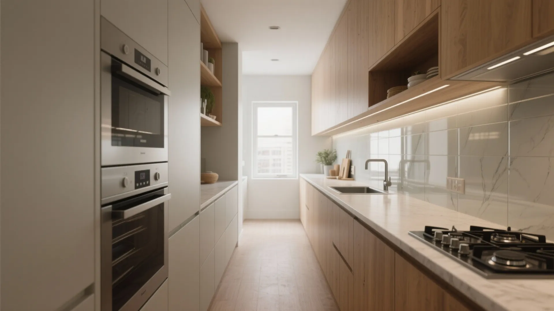Sleek wooden kitchen with double built-in ovens marble backsplash gas stovetop and bright window at end