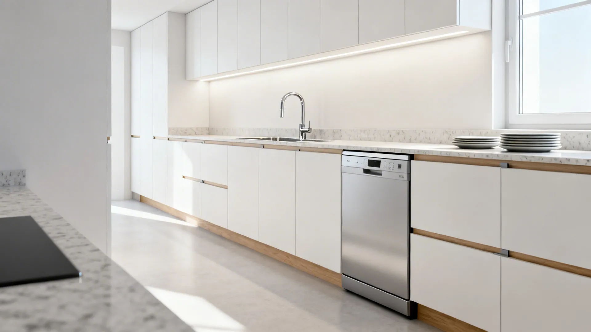 Modern white kitchen featuring a long counter, integrated silver dishwasher, sink, and bright white cabinets