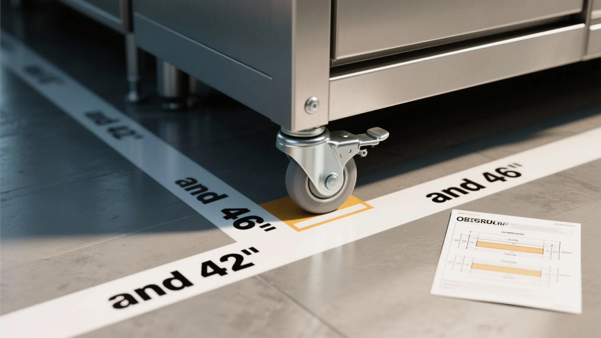 Close-up of floor tape marking clearance, locking caster detail, and a printed aisle-width guideline.