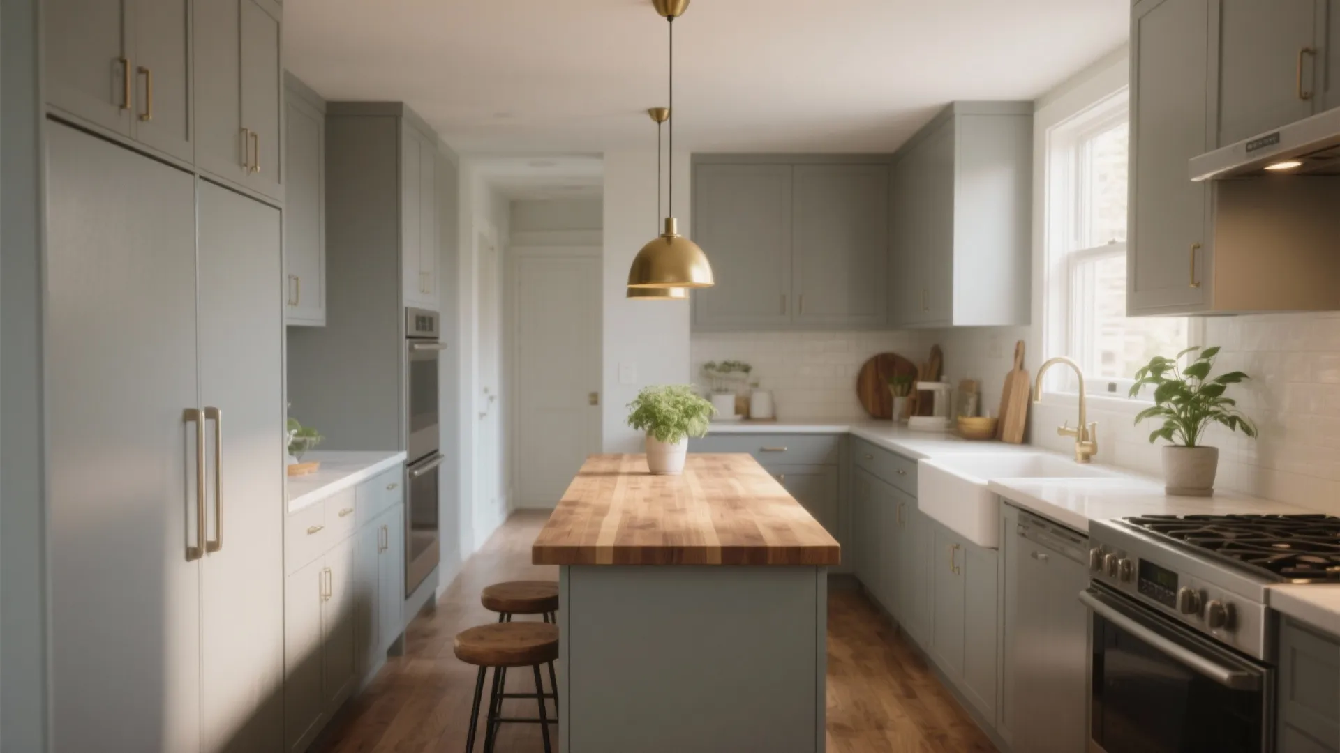 Modern blue kitchen with wood island gold ceiling light white sink and plants by the window