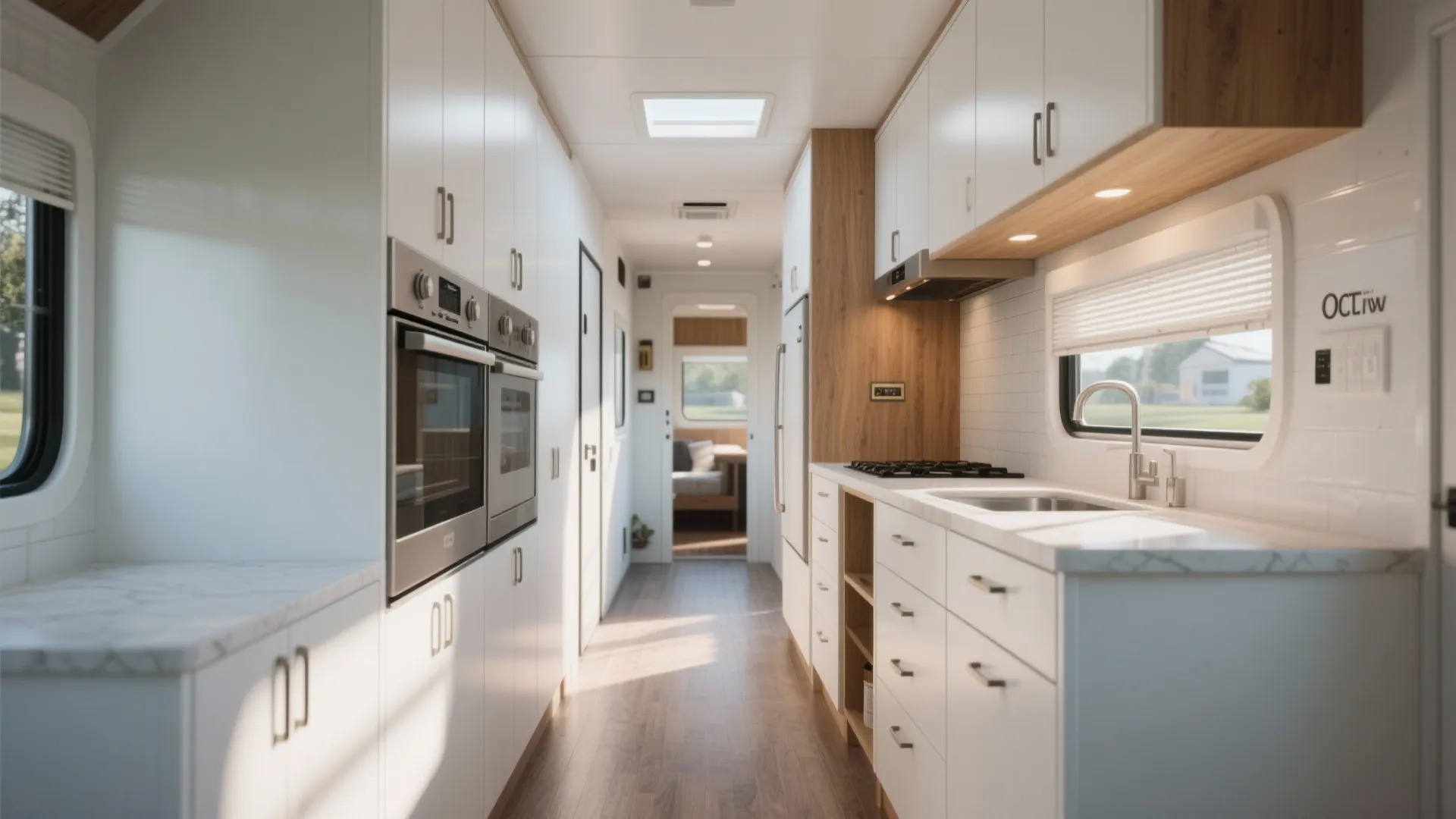 Narrow white kitchen with double ovens wooden floor white cabinets sink and a long hallway