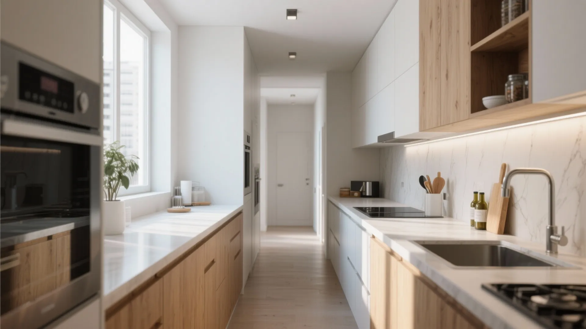 Narrow apartment galley kitchen with parallel counters