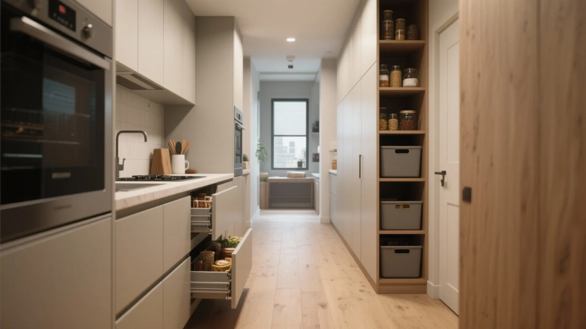 1. Linear galley with hidden storage