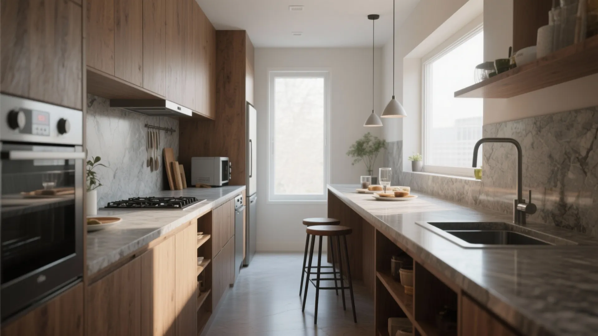 Narrow kitchen with wooden cabinets grey marble countertops two bar stools and a large window