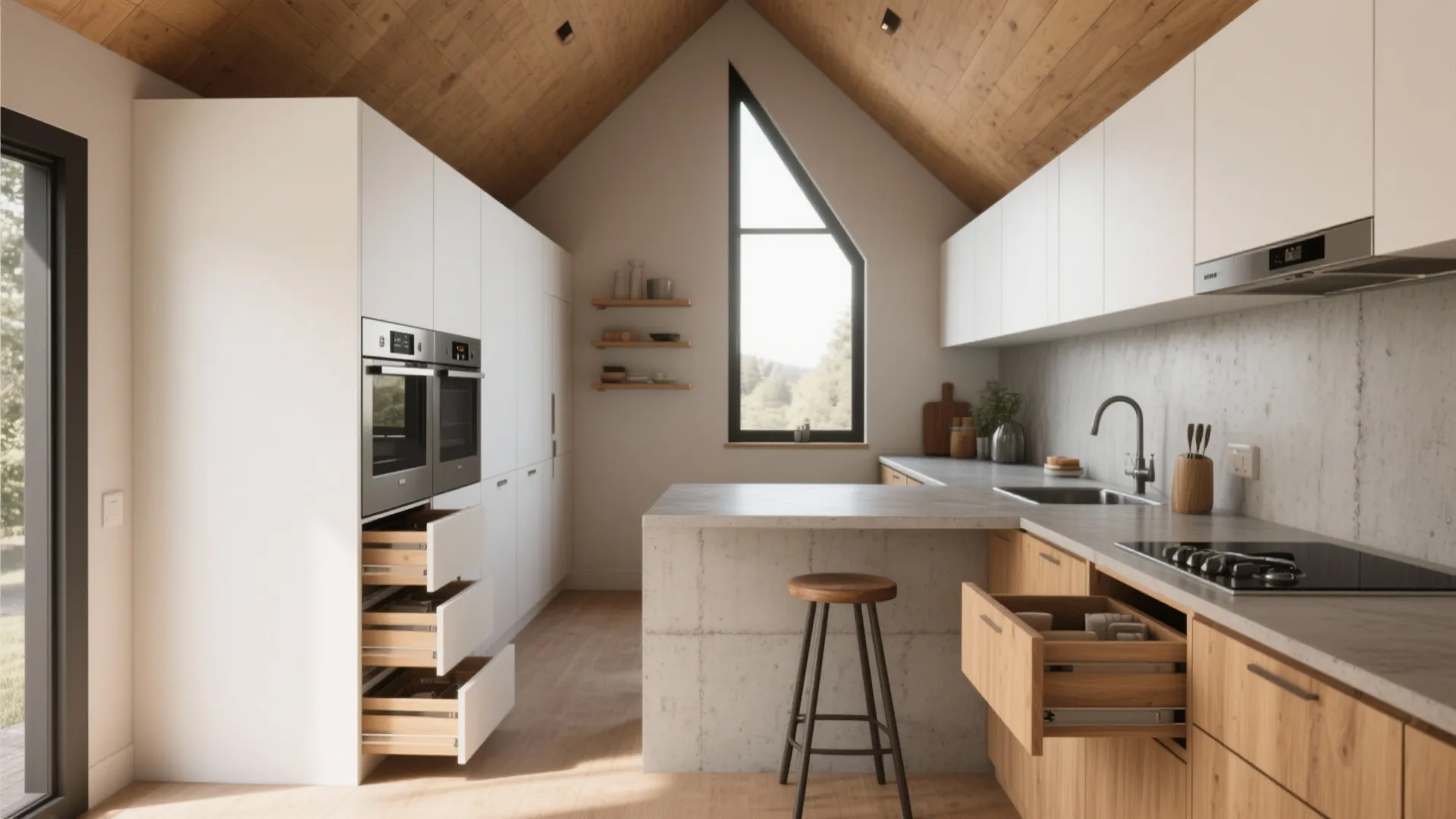 Efficient single-wall galley kitchen in an A-frame with deep drawers and vertical pull-outs.