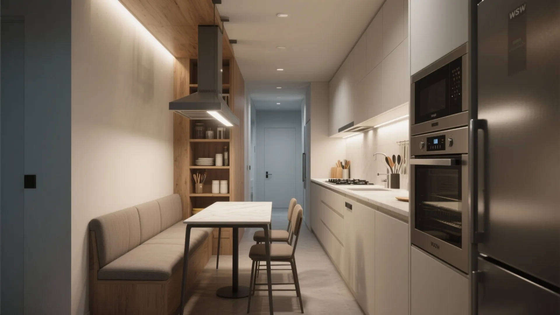 Narrow galley kitchen with integrated banquette dining and vertical storage.