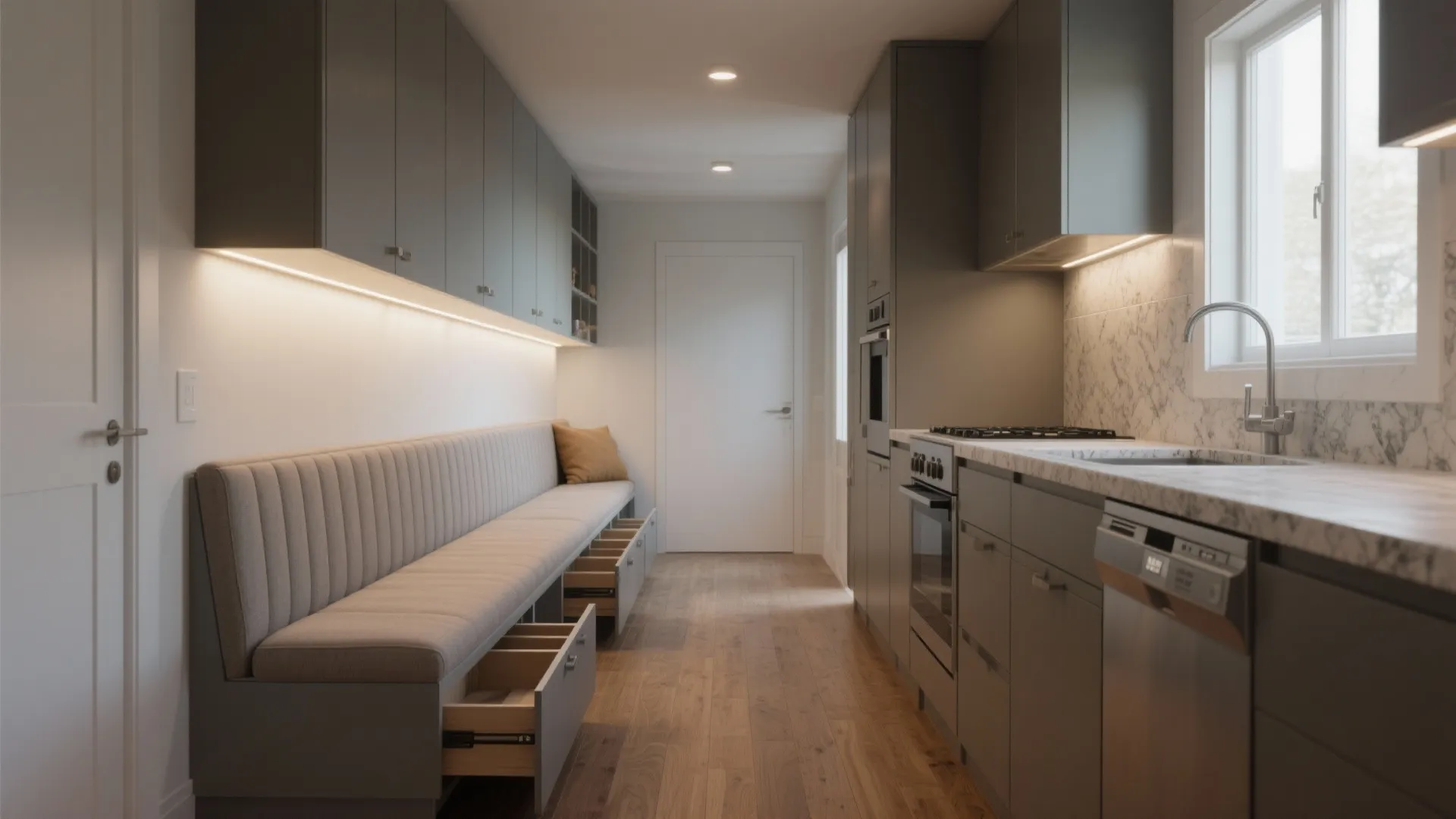 1. Open galley kitchen with a breakfast banquette