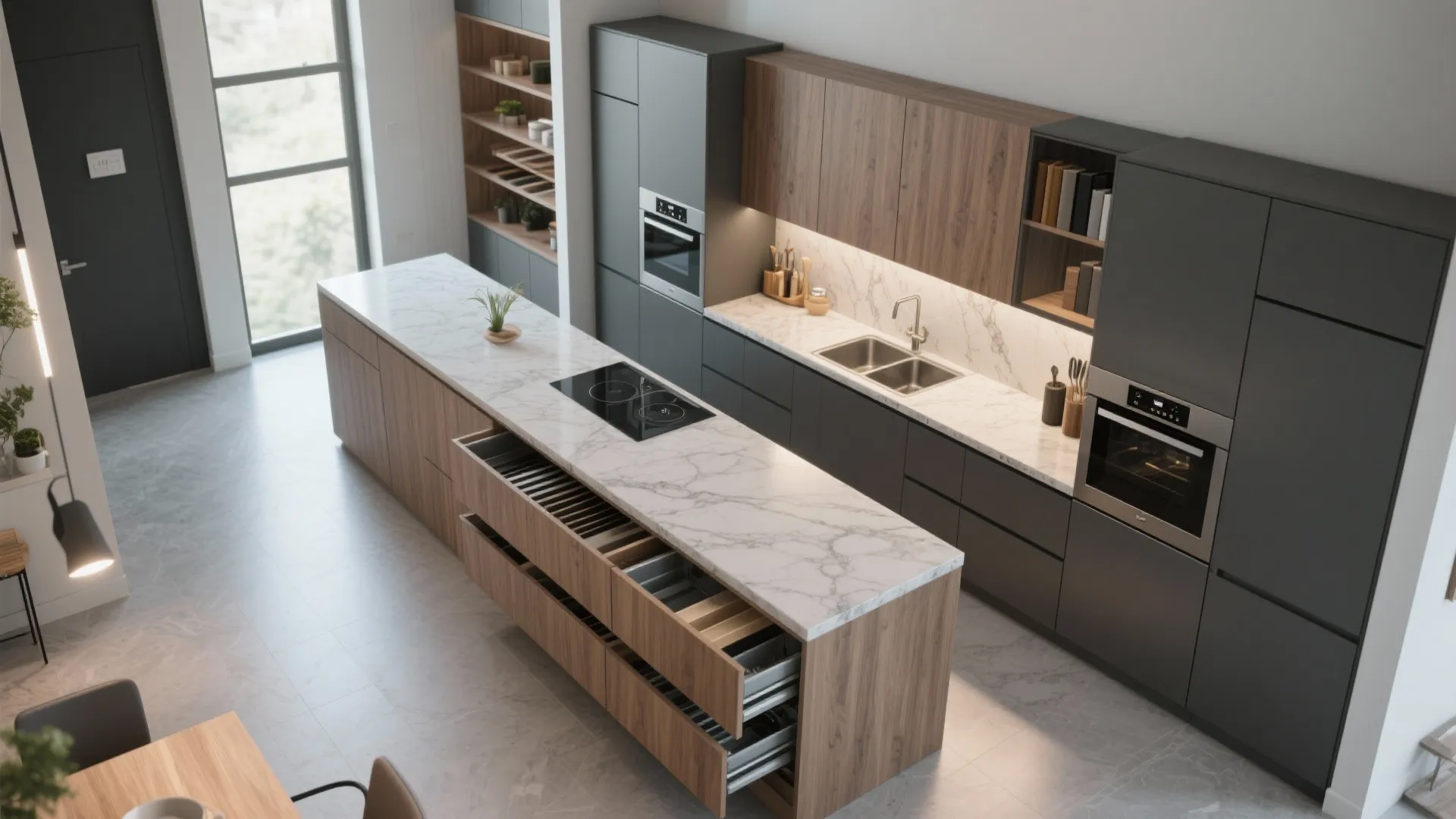 Modern kitchen with grey cabinets marble island wooden drawers sink built in oven and floor