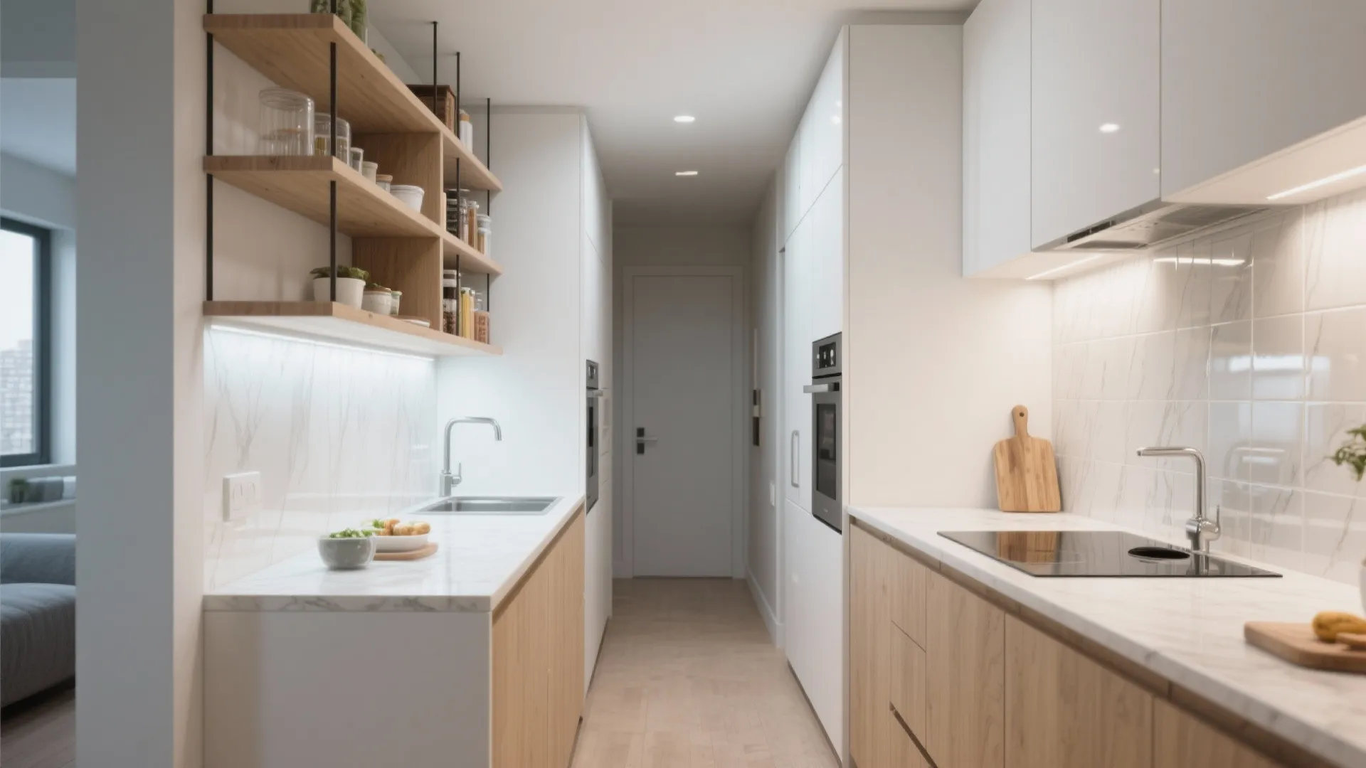 Narrow kitchen with white cabinets wooden lower drawers white marble countertops and wooden wall shelves display
