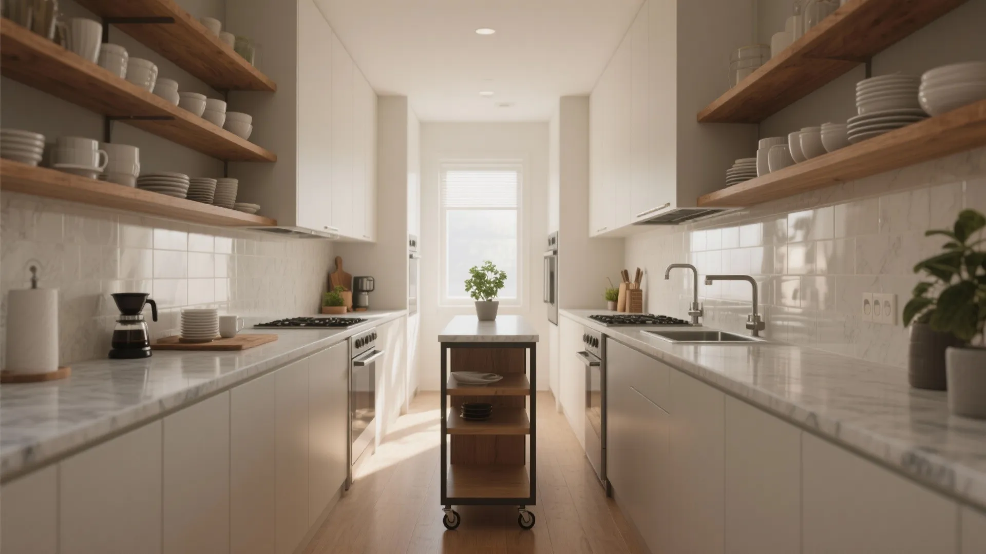 Long narrow kitchen layout with white cabinets wooden shelves marble countertops and small central mobile cart