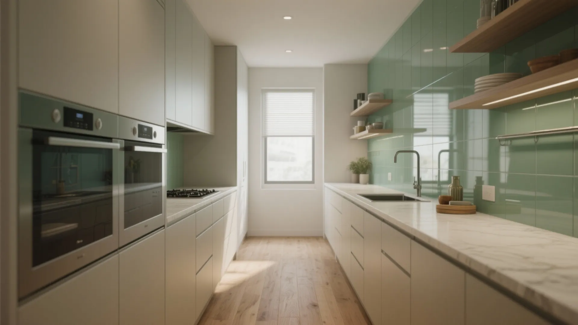 Narrow galley kitchen with white cabinets green wall tiles wooden floor double ovens and a window