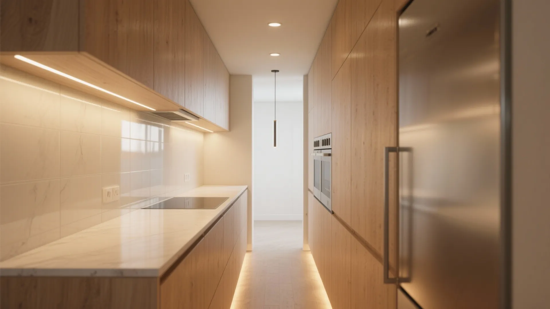 Modern galley kitchen with light wood cabinets marble countertop built in oven and warm strip lighting
