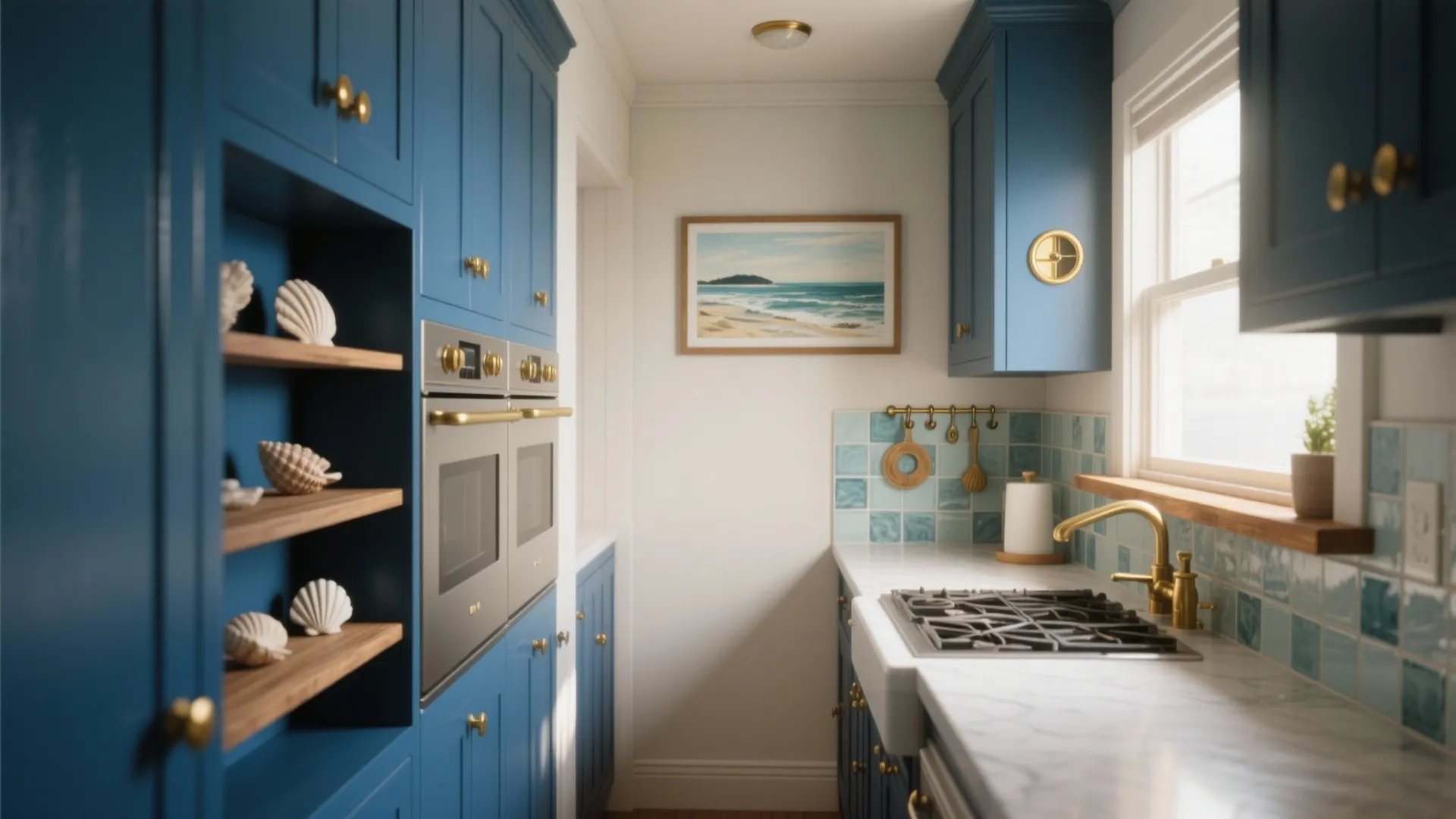 4. Use maritime motifs to define a compact kitchen