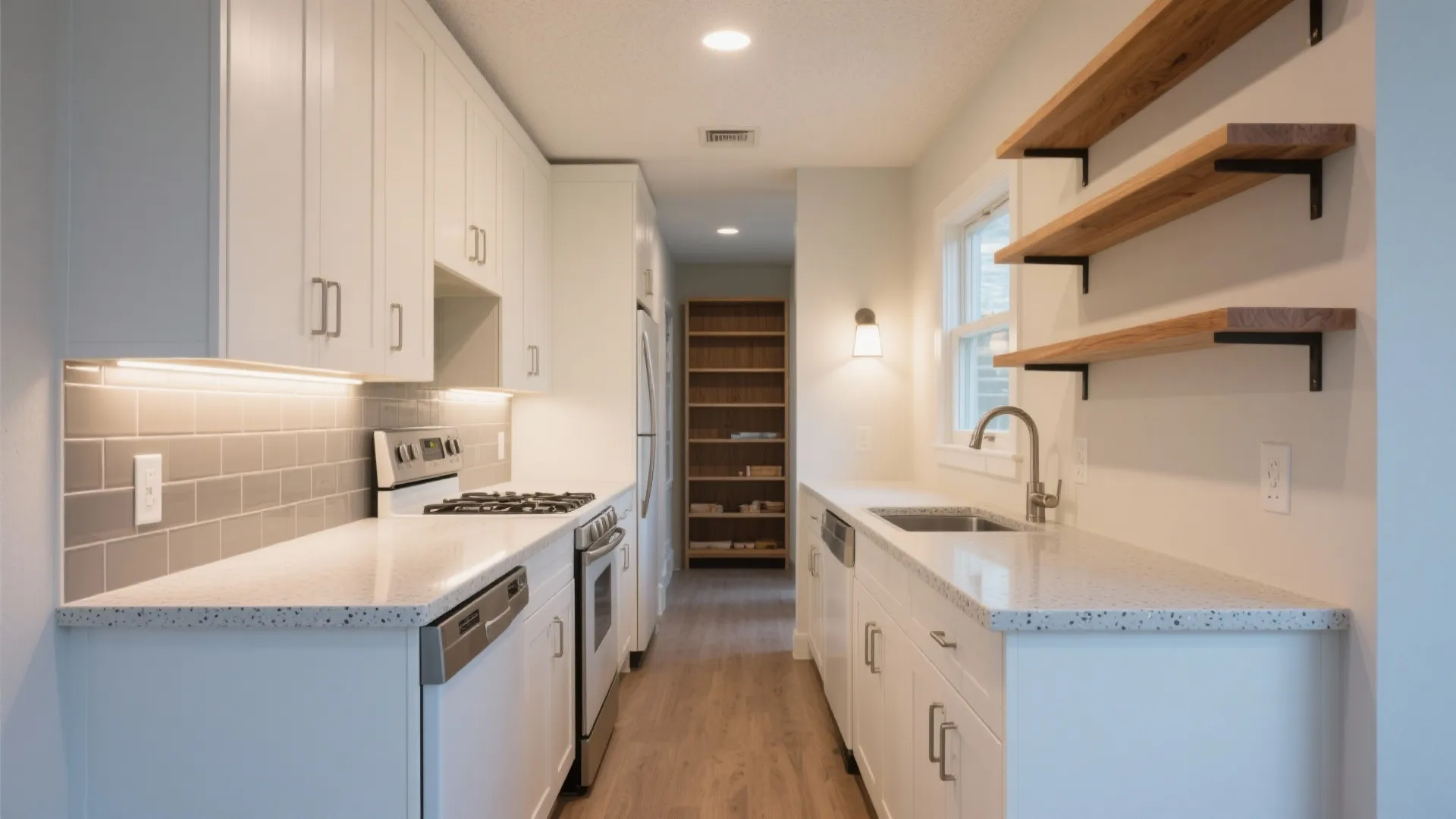 Narrow kitchen interior with white cabinets wooden floating shelves stainless steel sink and gray tile backsplash