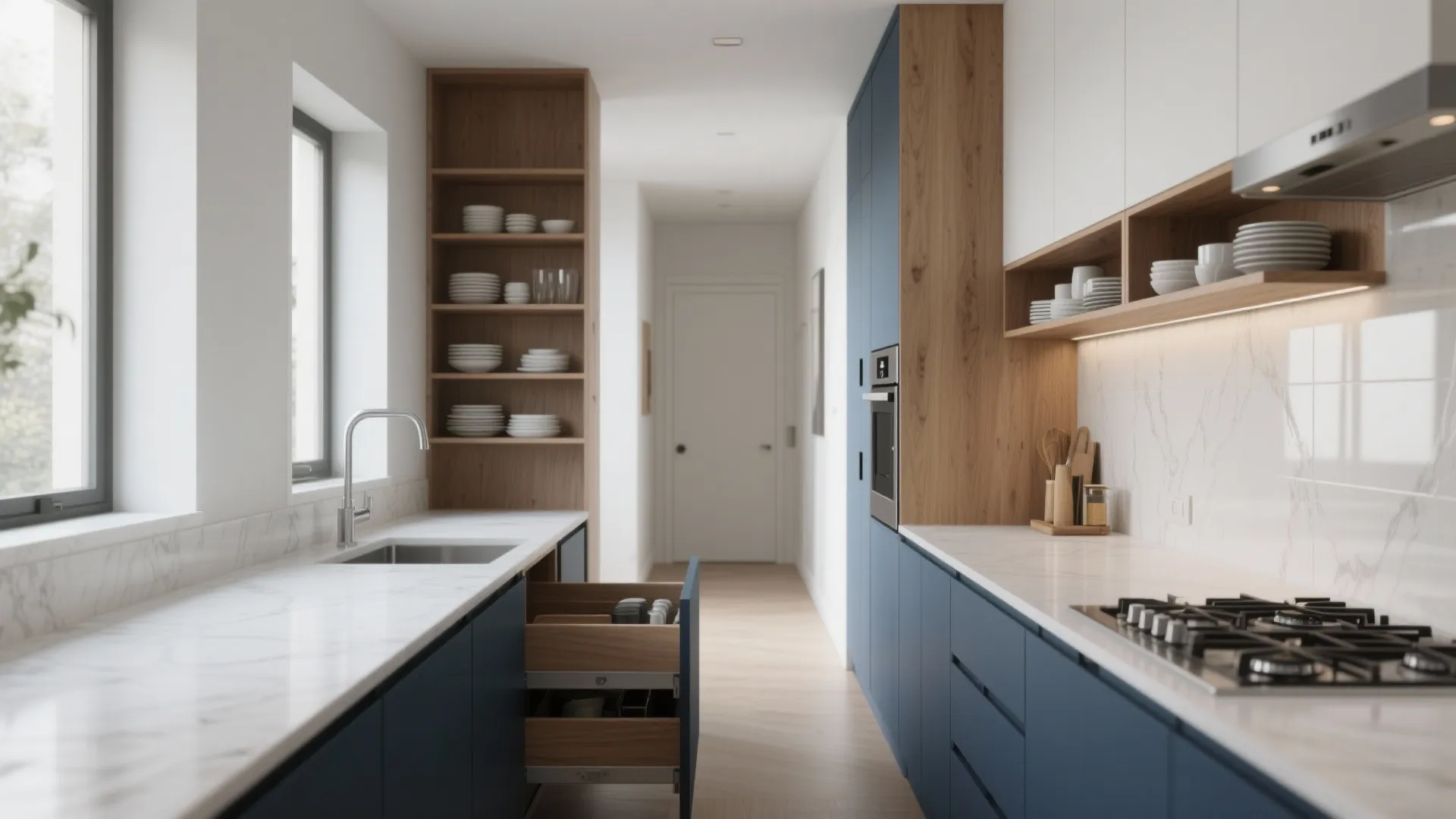 Modern blue galley kitchen featuring white marble countertops wooden shelves and built-in appliances with natural light