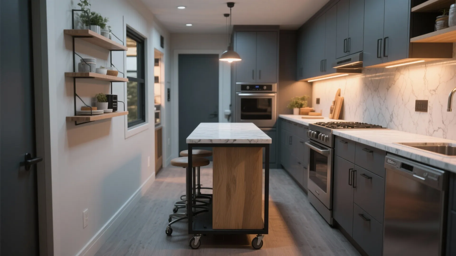 3. Efficient galley kitchen with a smart island