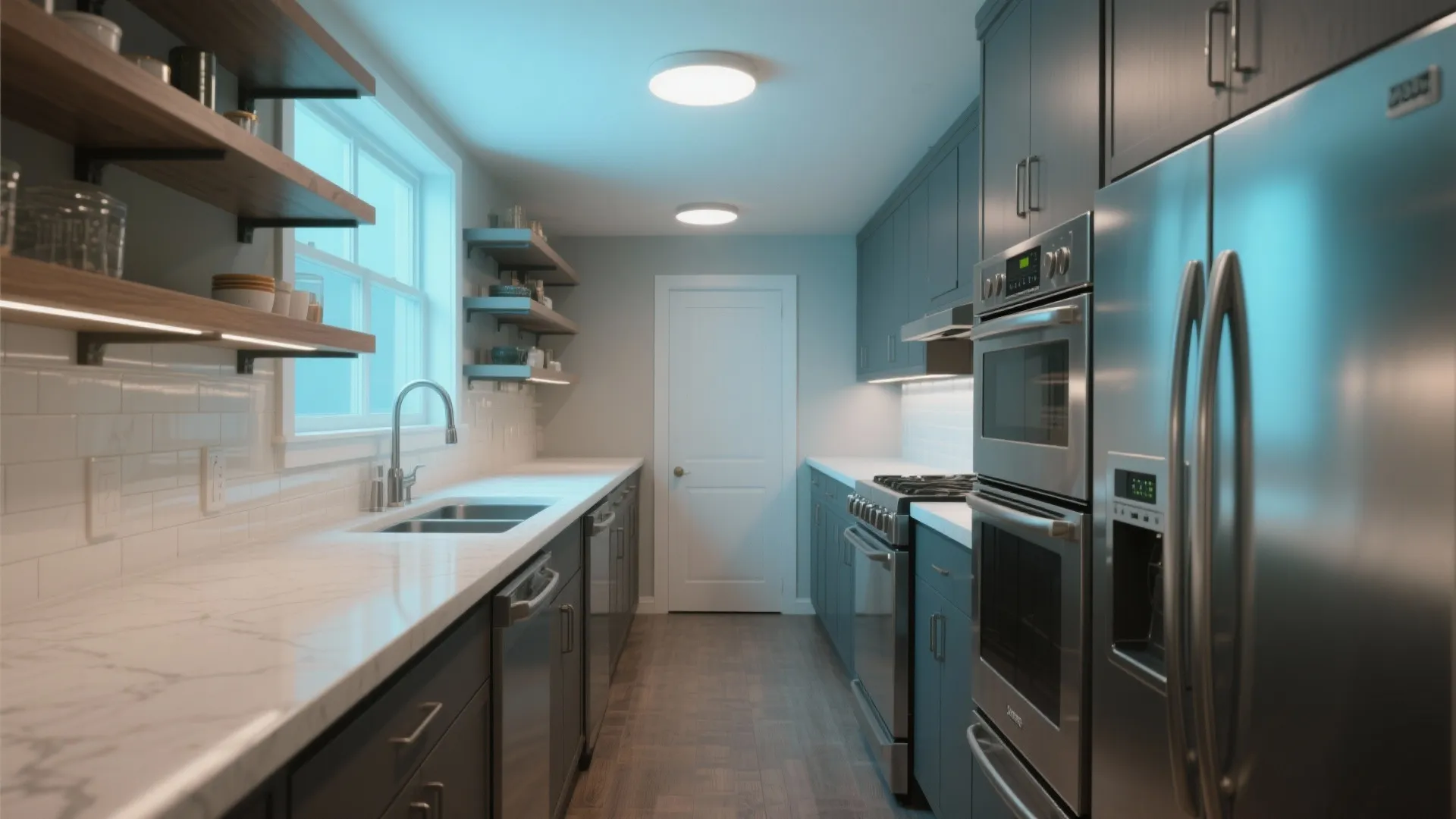 Galley kitchen with parallel counters and open shelving