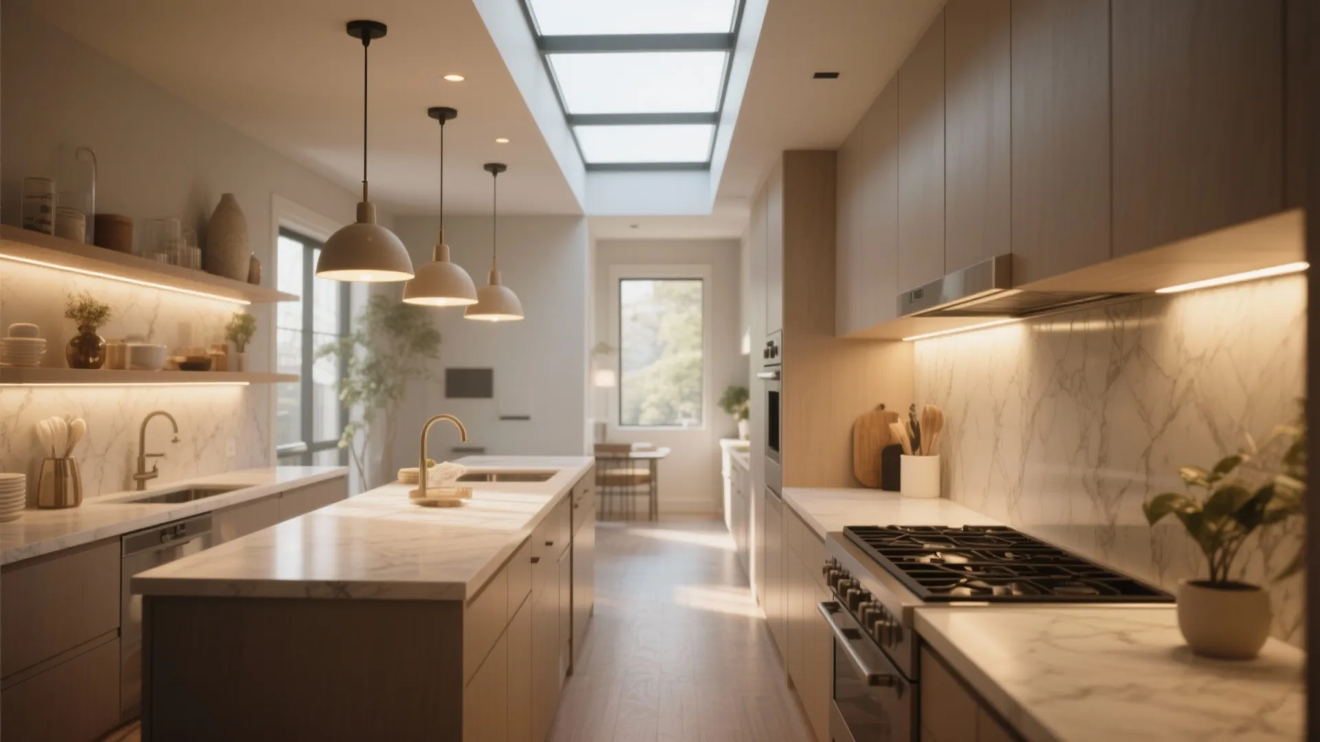 Bright open kitchen with roof window three ceiling lights large island and marble wall tiles