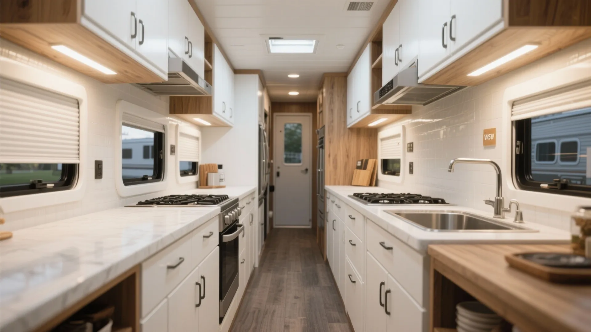 Narrow galley kitchen design with white cabinets marble countertops wooden accents and bright natural light