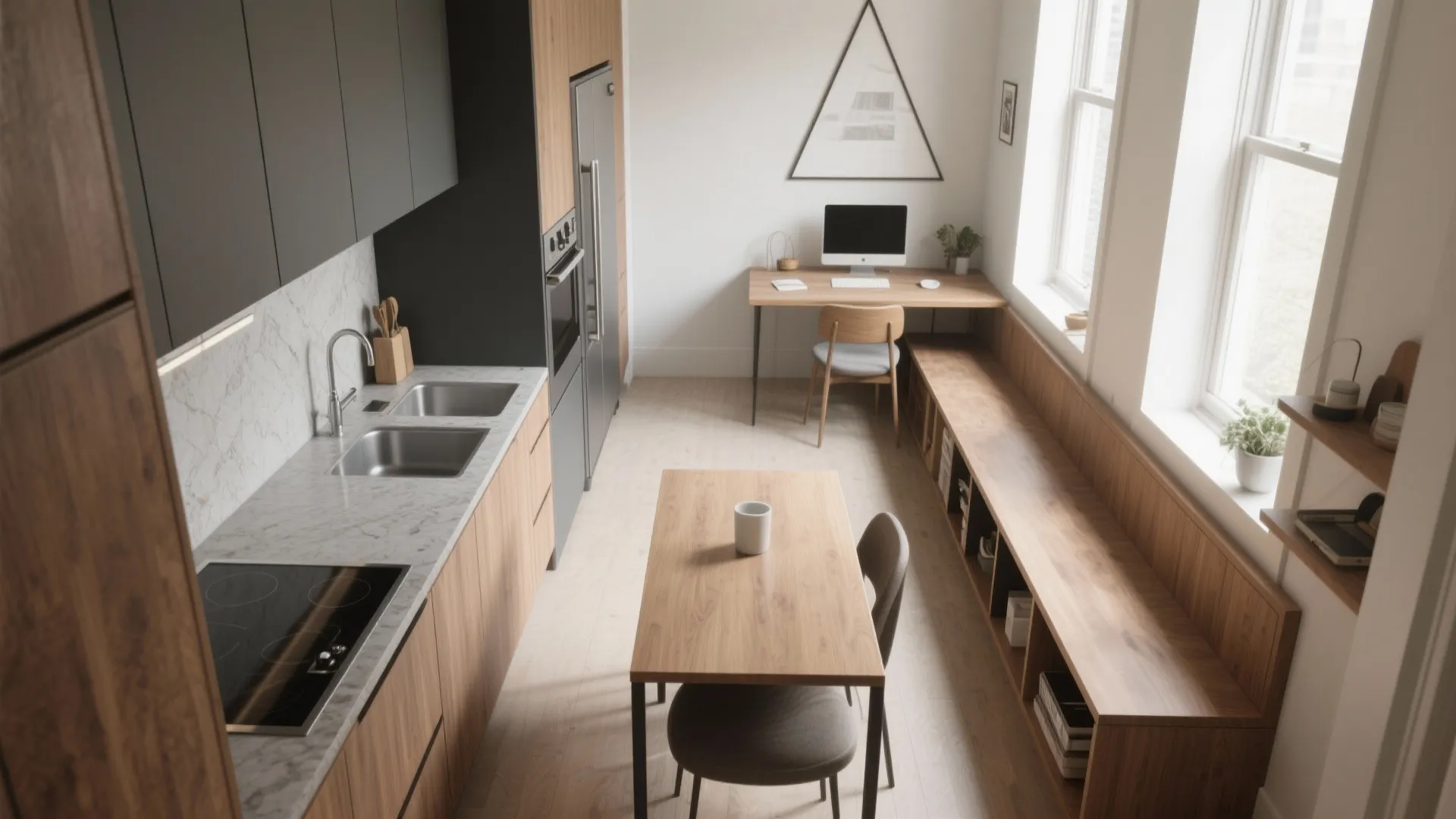 3) Galley kitchen + multi-use nook