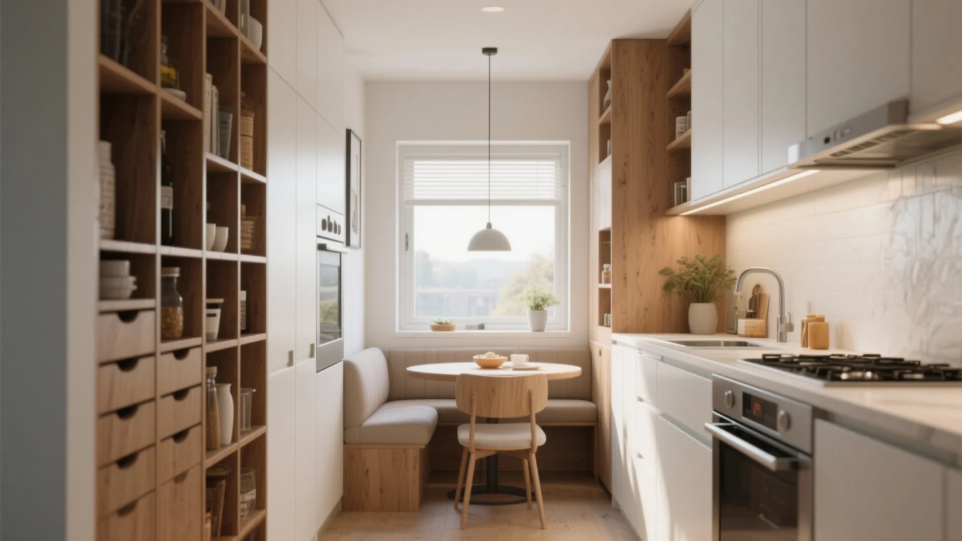 Galley kitchen with pass-through to dining and a cozy breakfast nook beneath a window.