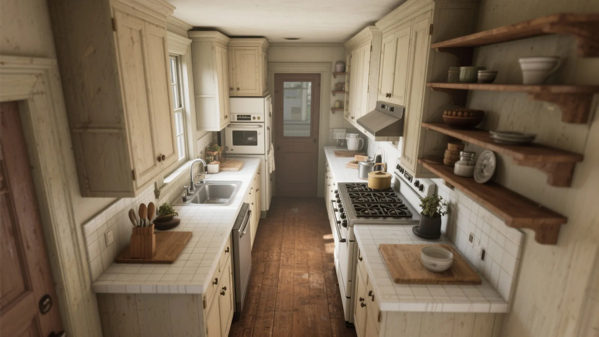 Top-down view of galley kitchen with open shelving and original cabinets