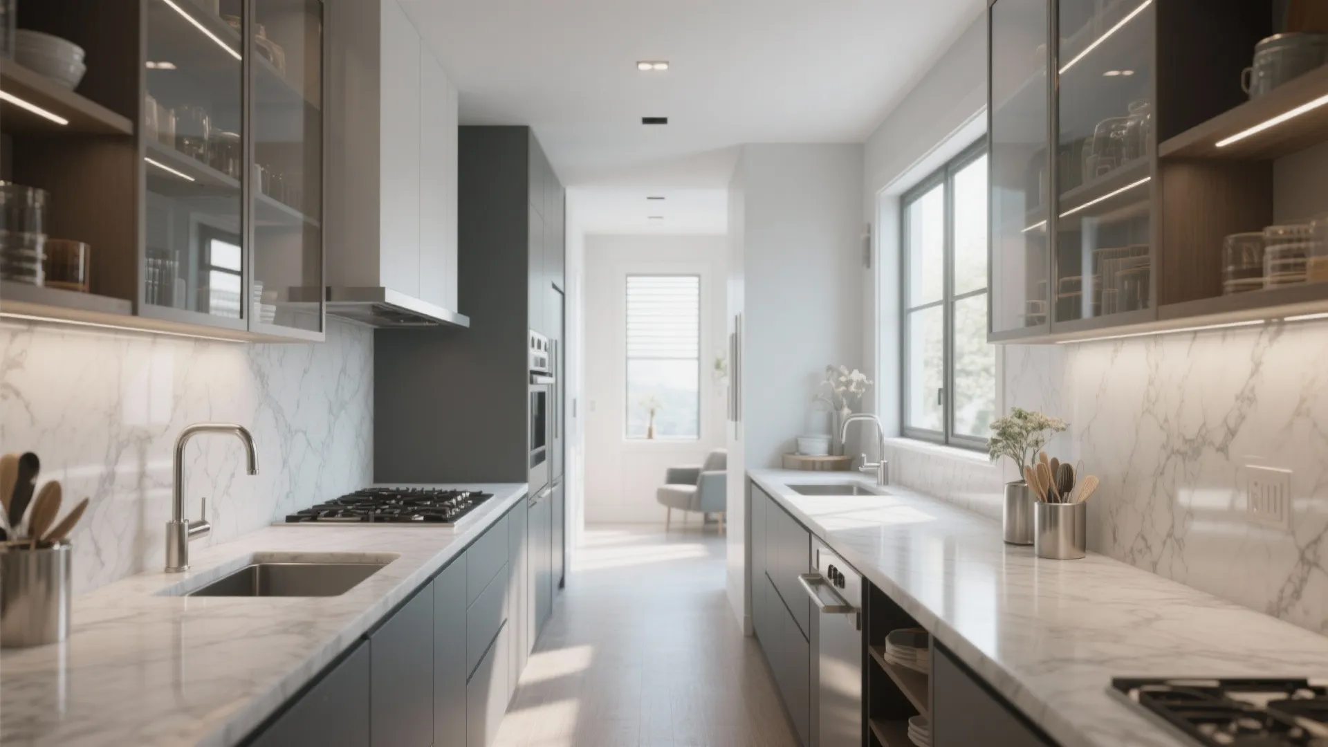 Sleek galley kitchen with open shelving and glass cabinets
