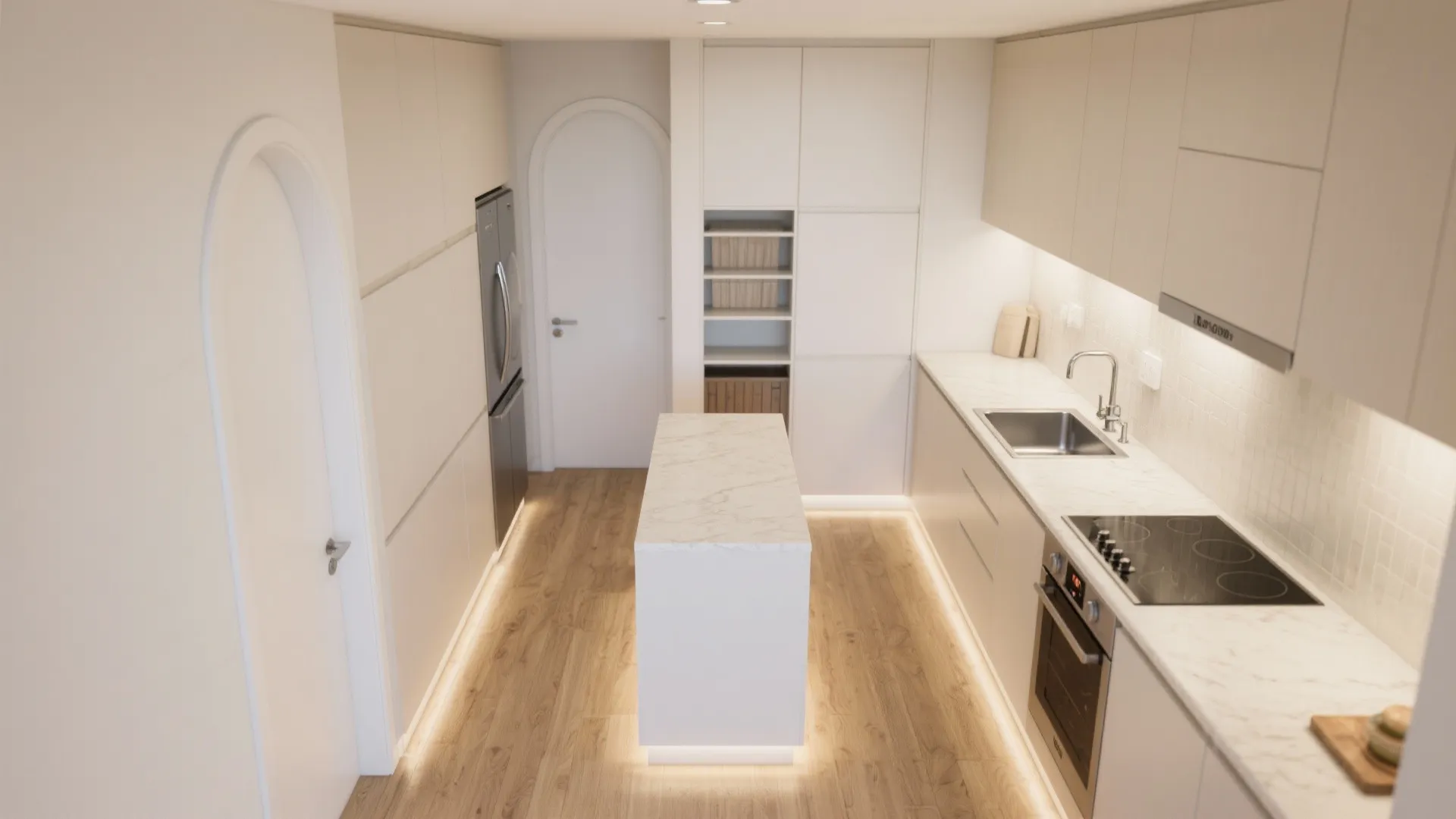 Gallery kitchen with pocket pantry