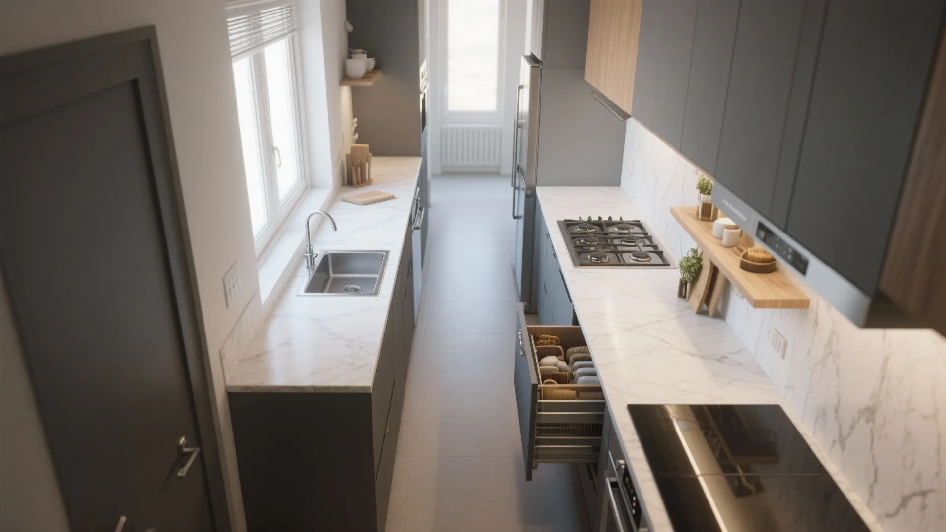 Galley kitchen optimized for flow