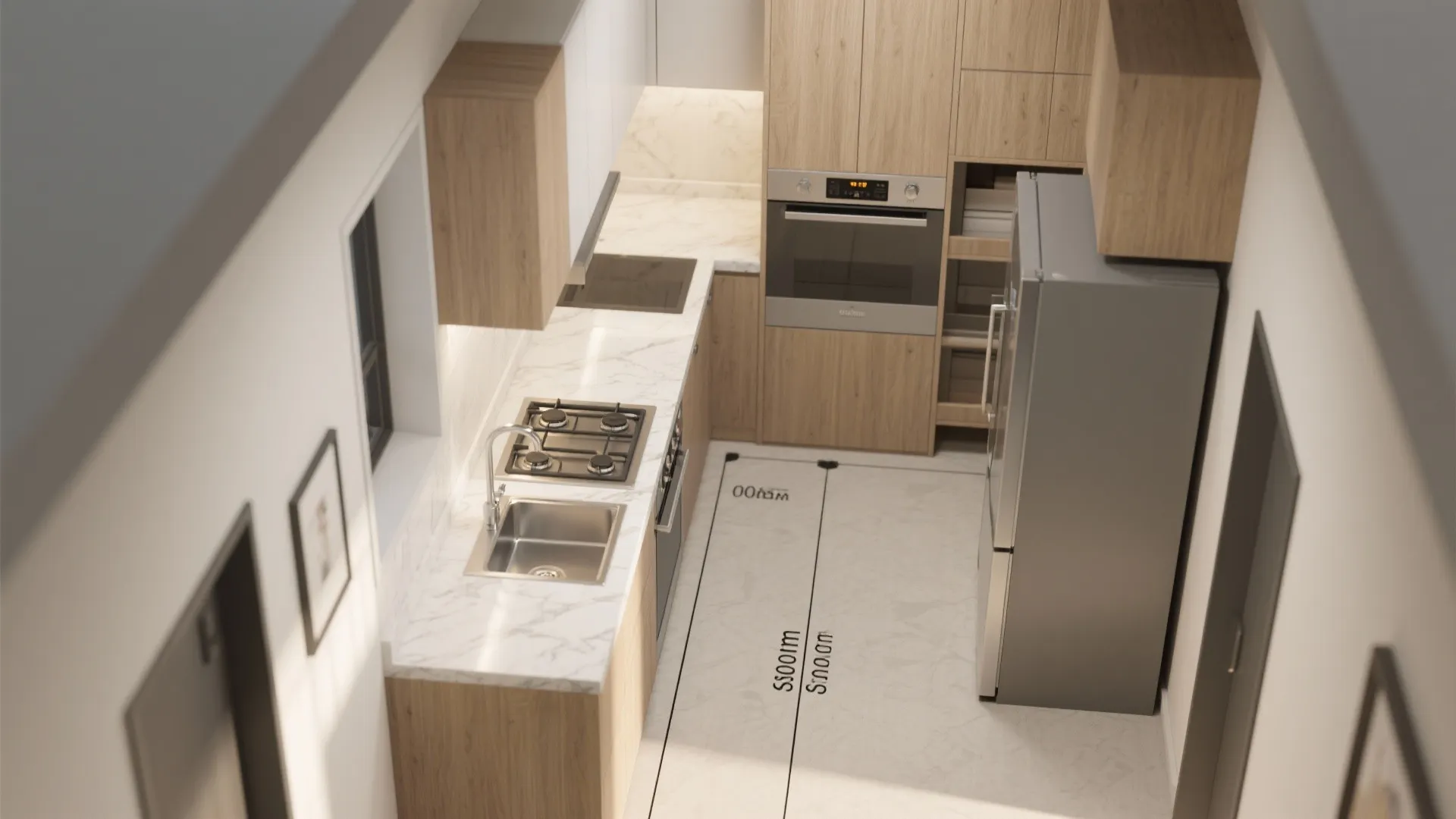 Space-smart kitchen: galley or L layout with tall pantry