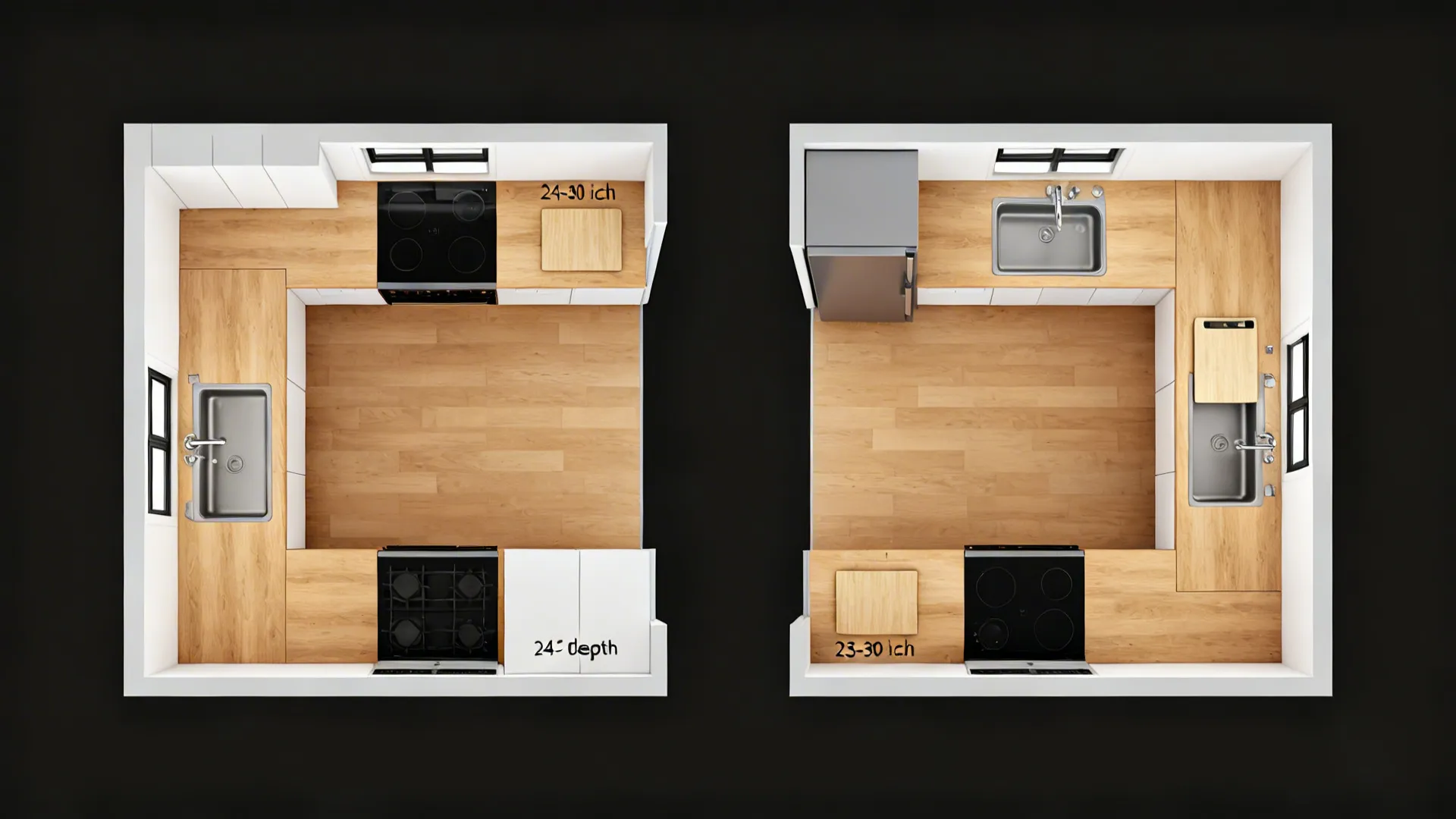Top-down comparison of galley and L-shaped small kitchen layouts maximizing counter space.