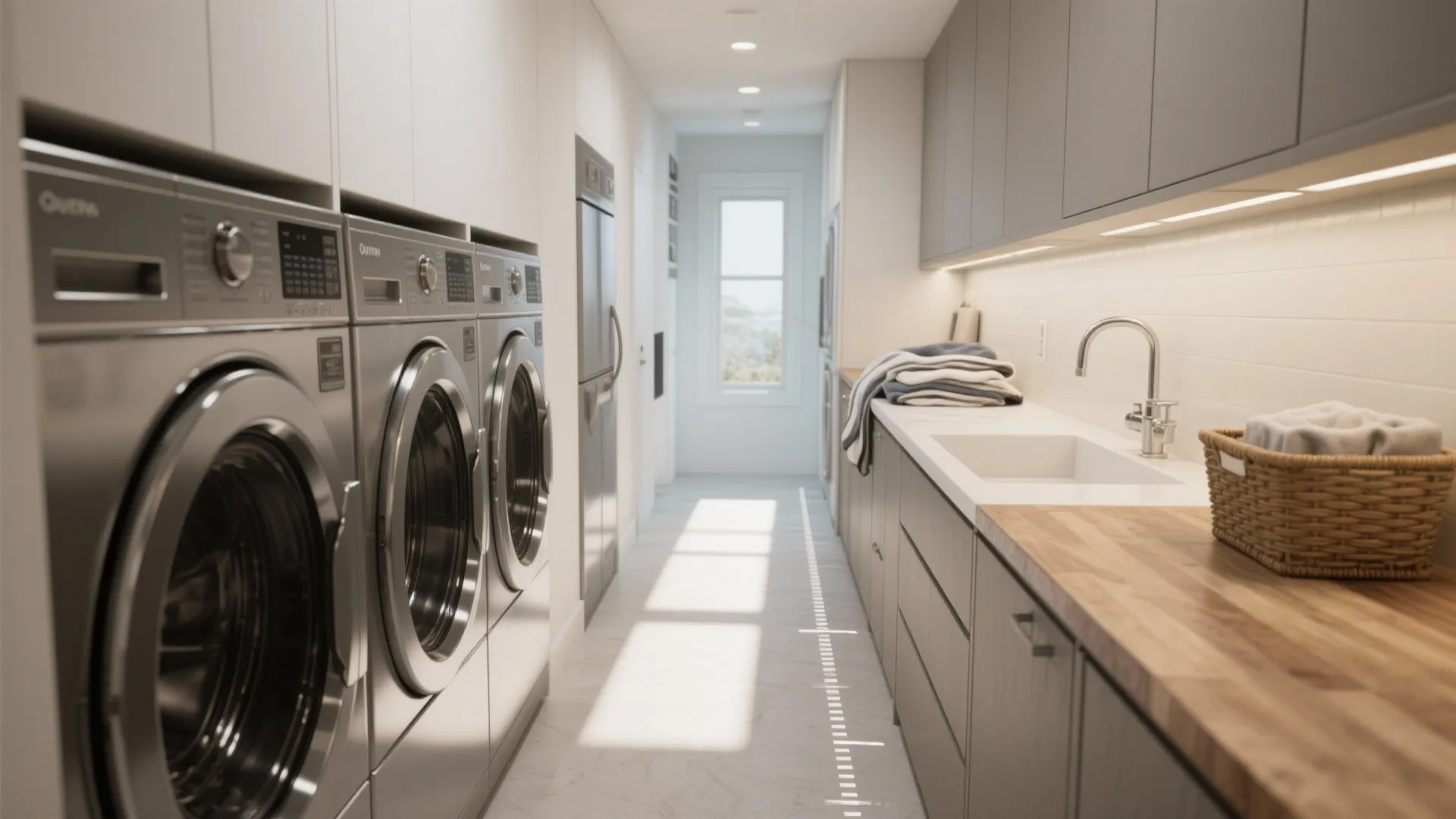 Modern galley laundry room with silver washing machines white cabinets wooden counter and large window