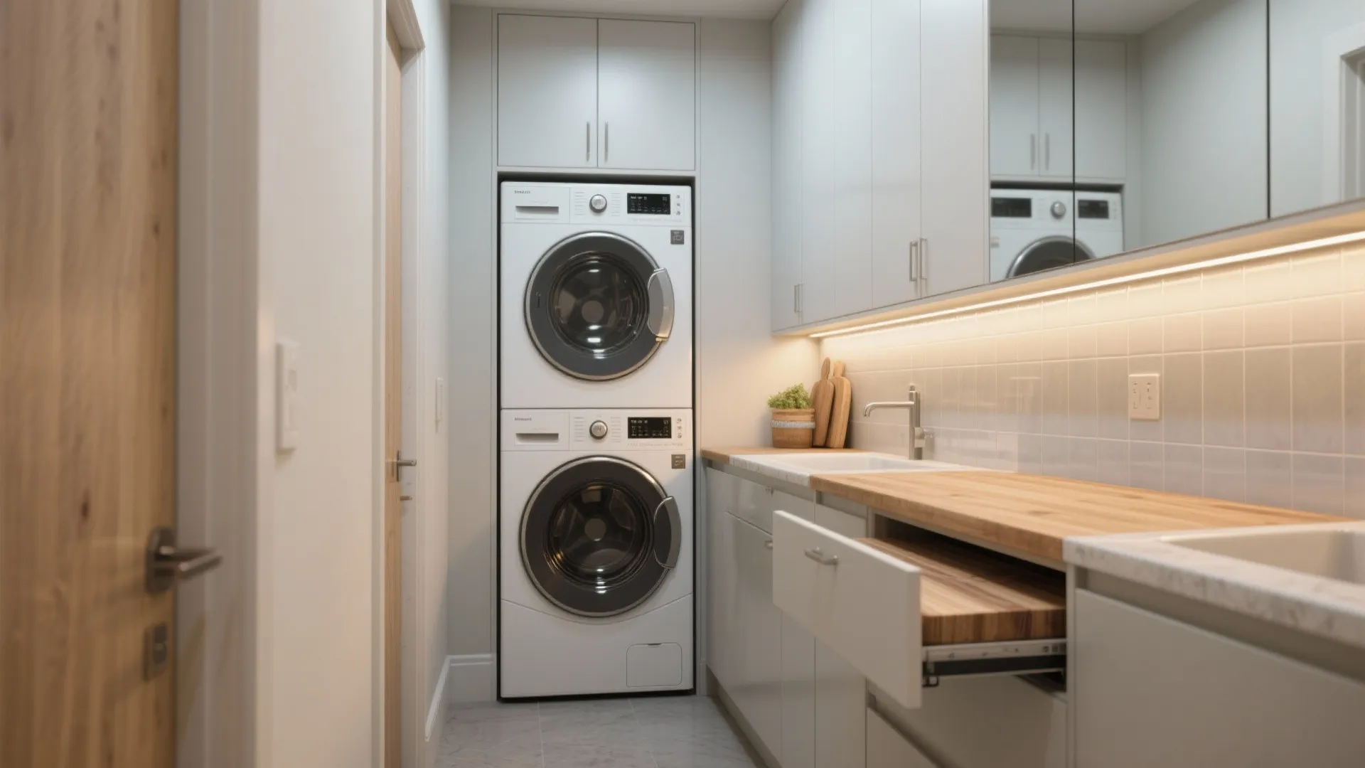 Modern laundry room featuring stacked washer and dryer wood countertop white cabinets and pullout drawer