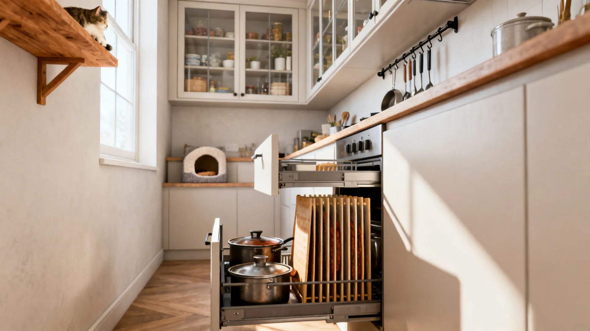 Linear galley kitchen with deep drawers, vertical dividers, and glass-front cabinets under soft daylight