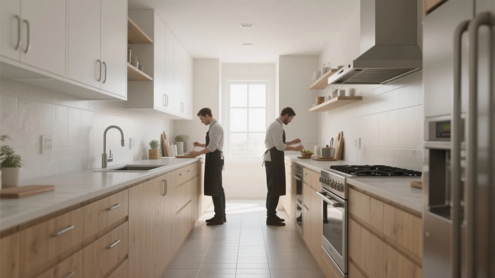 Interior design drawing of two men cooking in a narrow kitchen with wood base cabinets