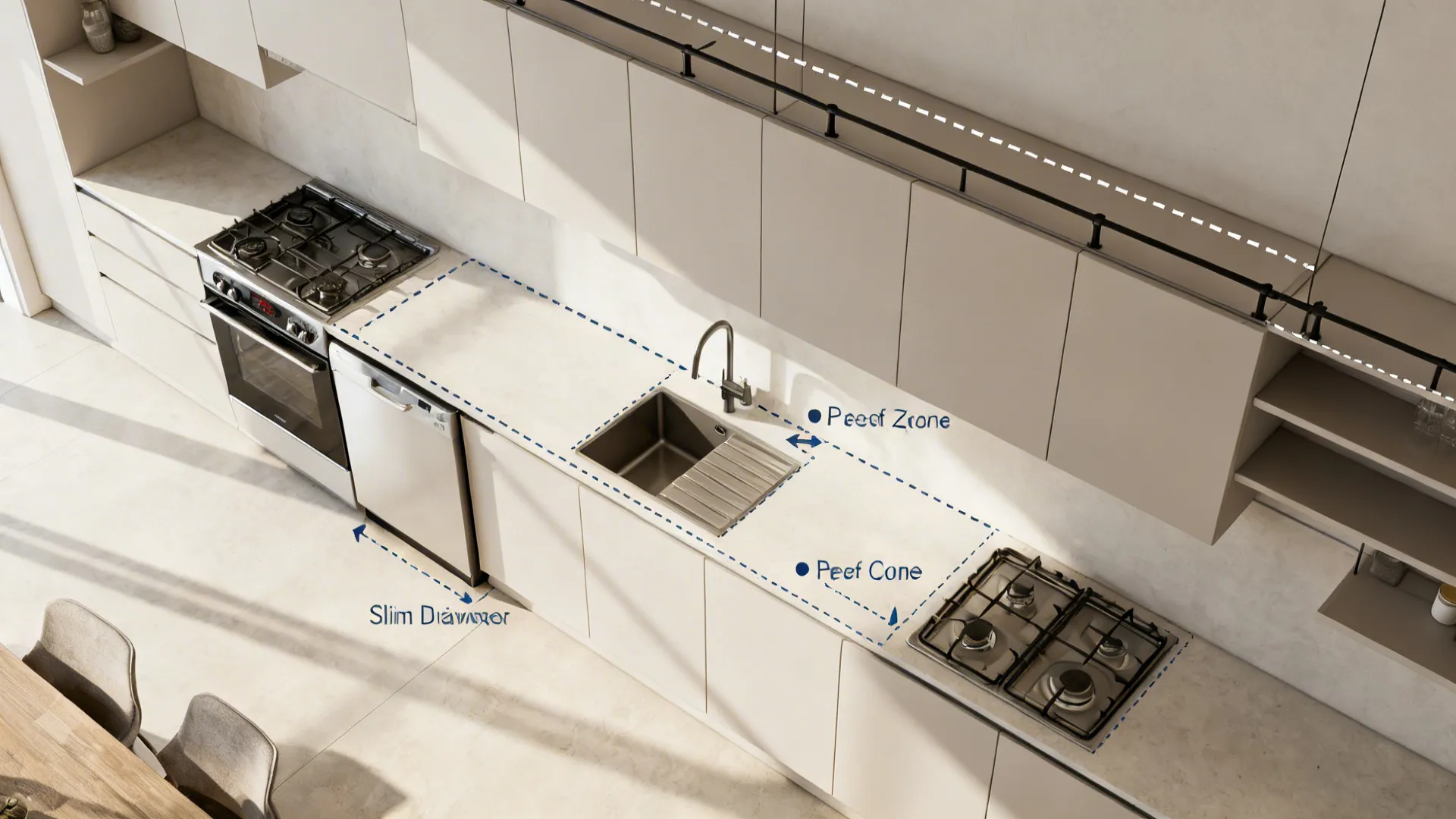 Top-down layout showing a streamlined galley with continuous counters, compact appliances and suggested cabinet removal.