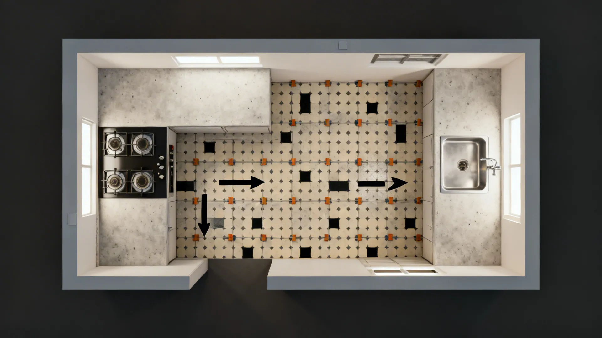 Top-down layout plan of a small galley kitchen with patterned tile grid and L-shaped zones.
