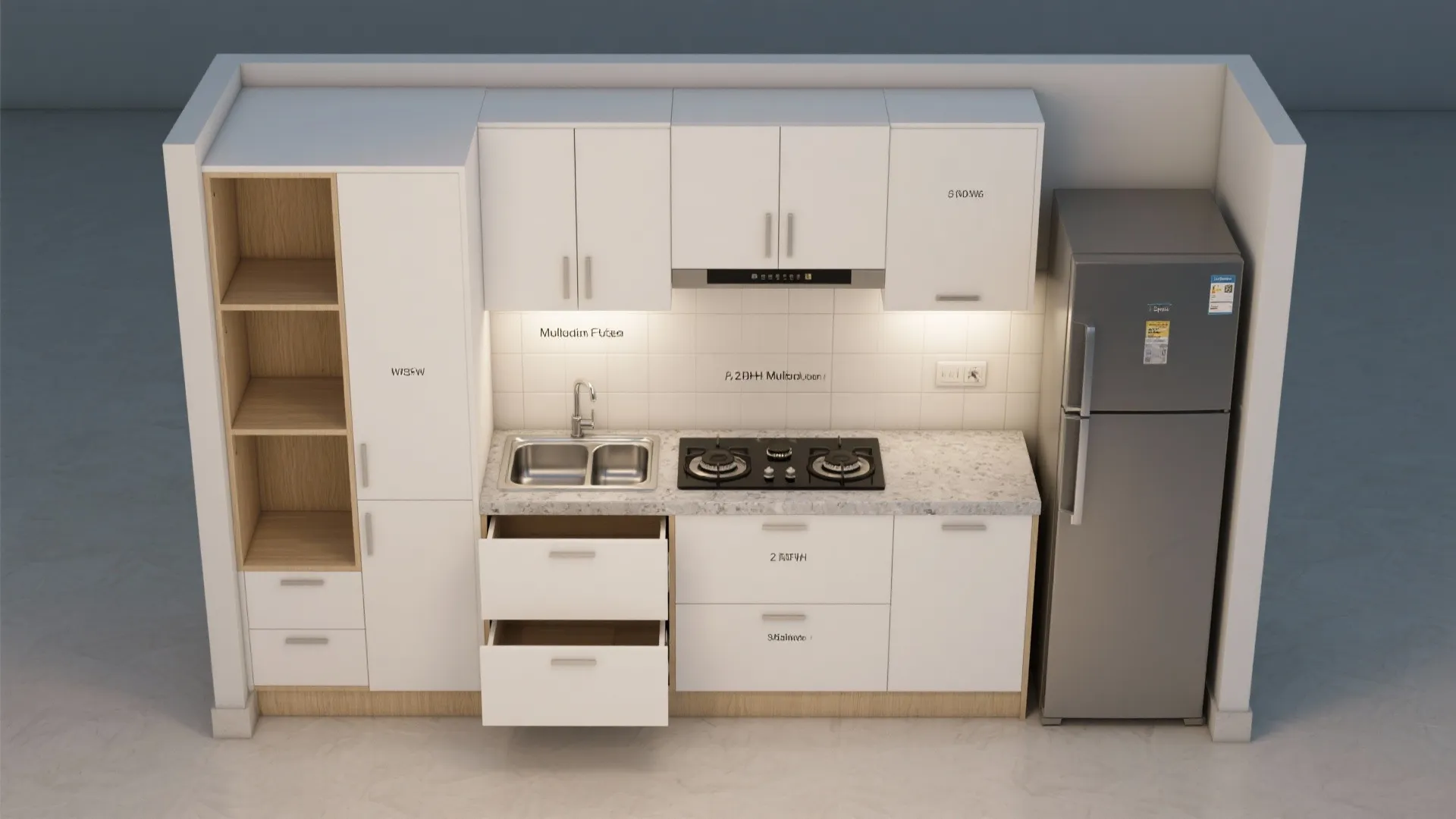 Modern white kitchen layout with gray fridge sink gas stove open drawers and marble countertop
