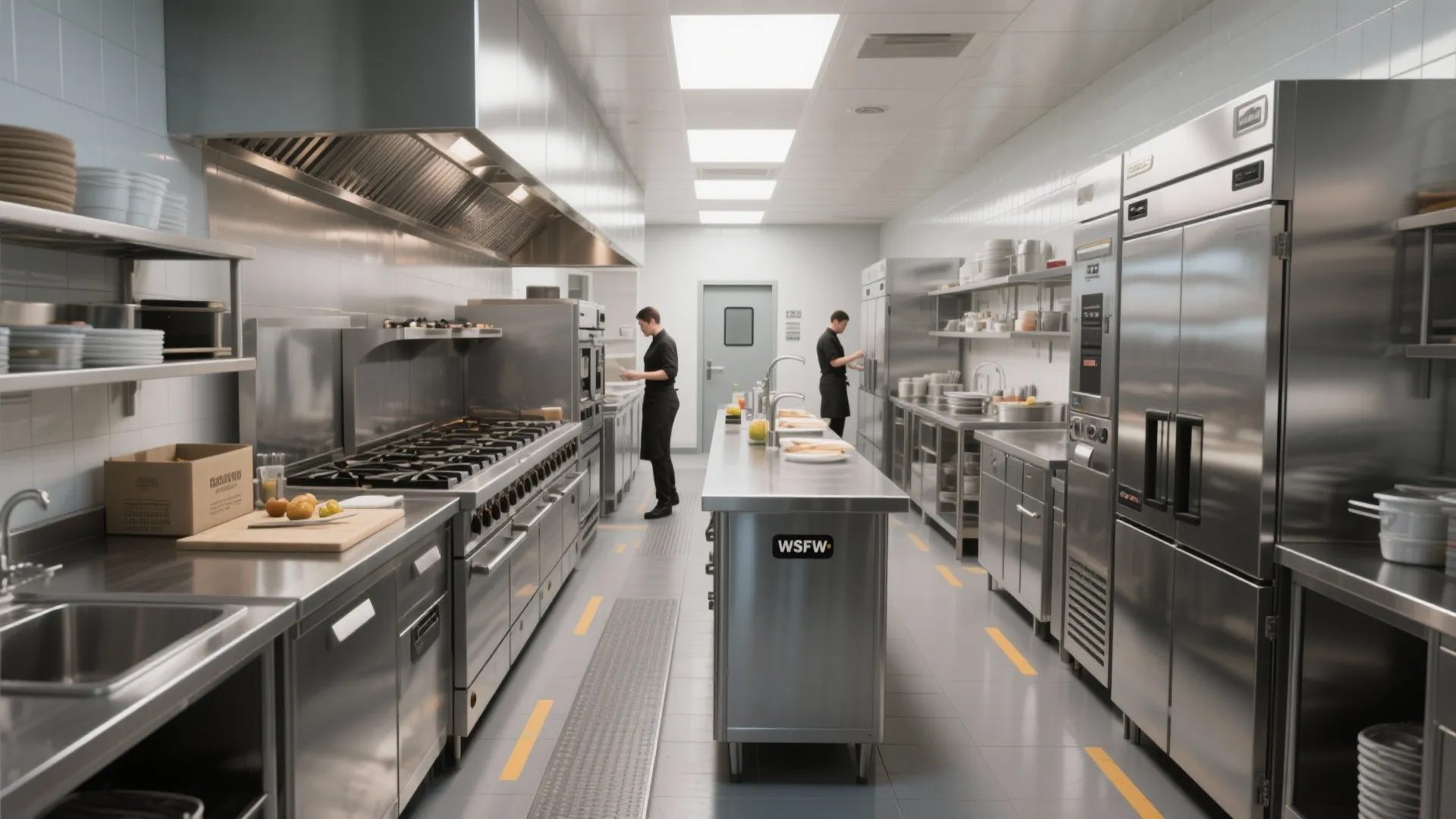 Narrow galley kitchen showing prep, cook, and finish zones with ventilation hood and slim island