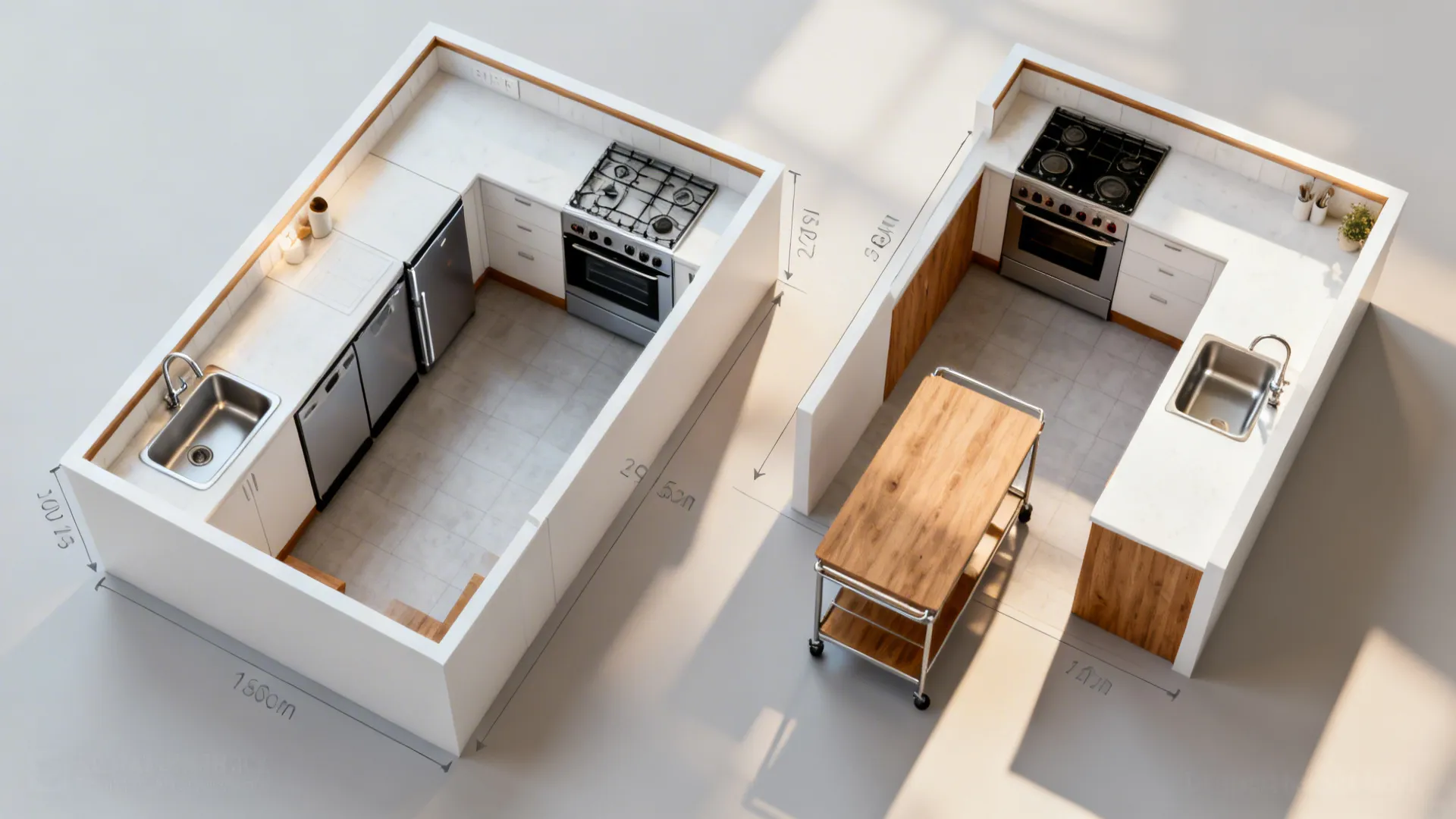 Top-down comparison of a two-run galley and a single-wall kitchen with a small island cart.