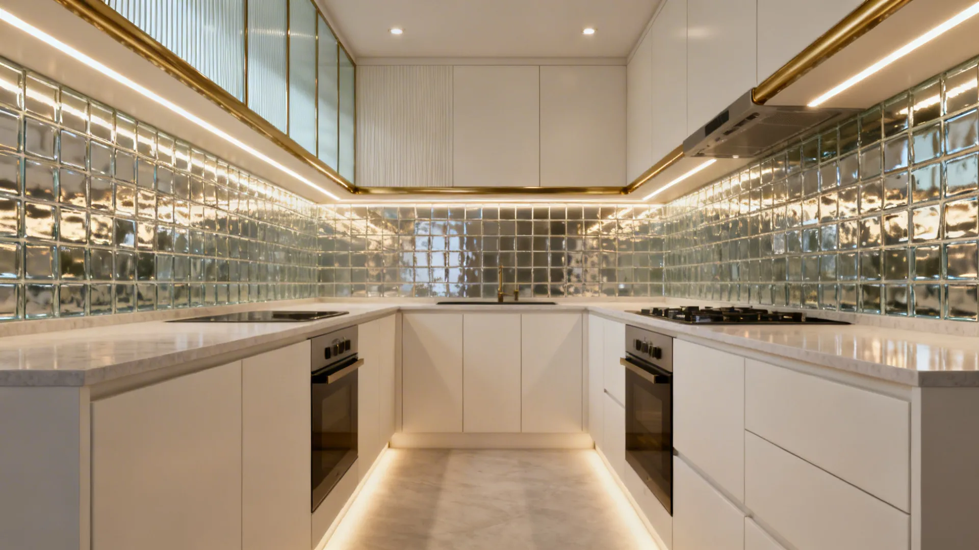 Bright 10x8 galley kitchen with under-cabinet LEDs and reflective backsplash.