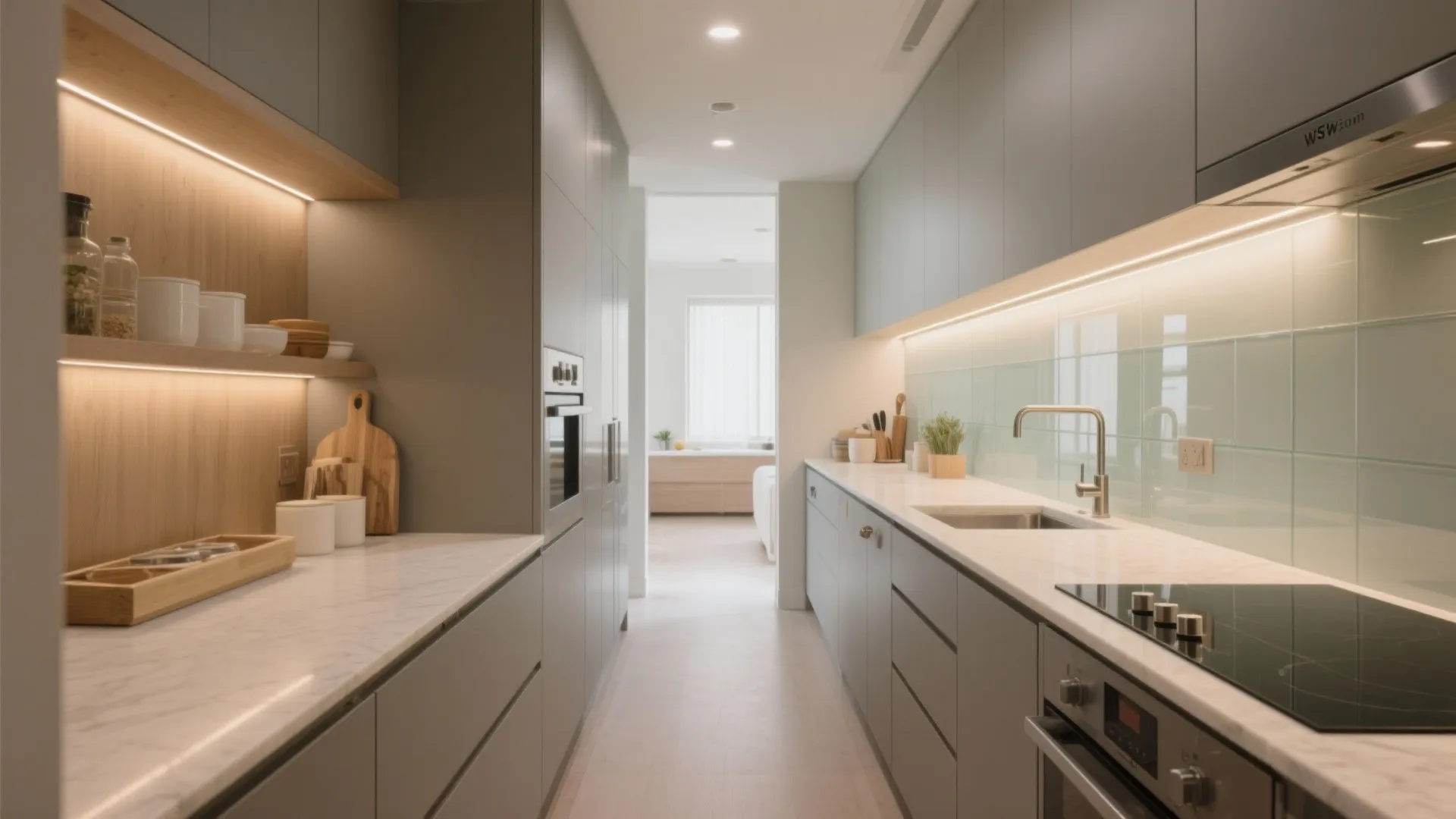 Modern narrow kitchen with grey cabinets marble countertops strip light fixtures and built in kitchen appliances