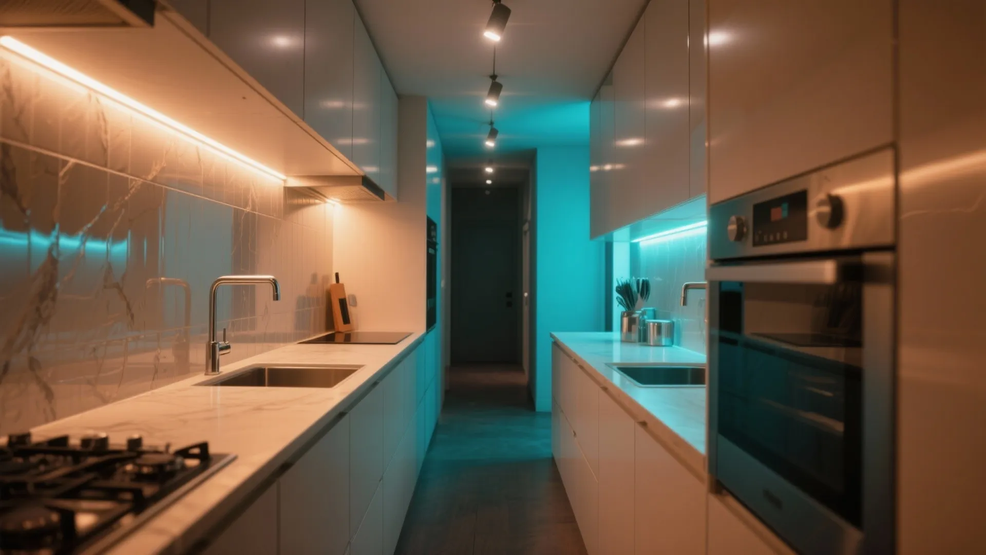 Modern galley kitchen featuring white cabinets with warm orange and cool blue light fixture accents