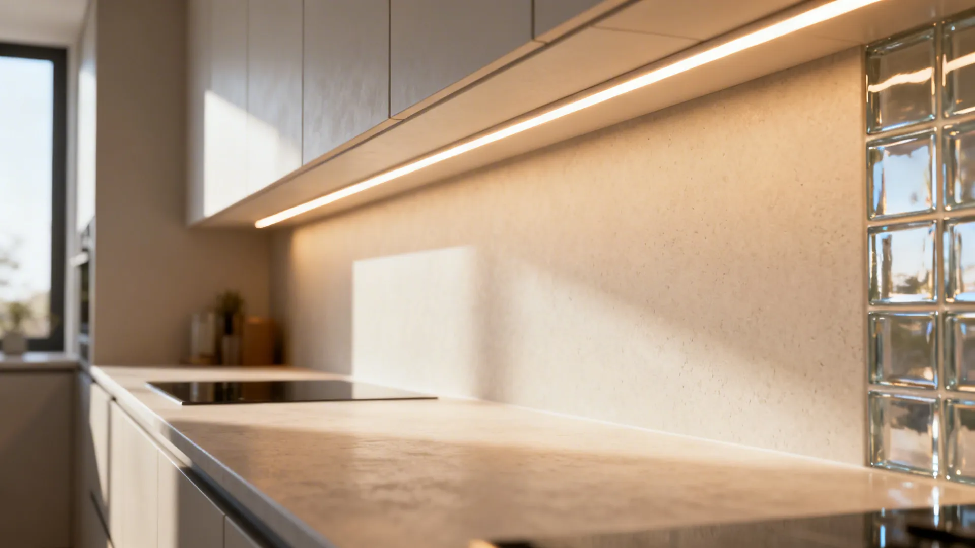 Warm light strip under white kitchen cabinets illuminating clean stone countertop and decorative glass blocks