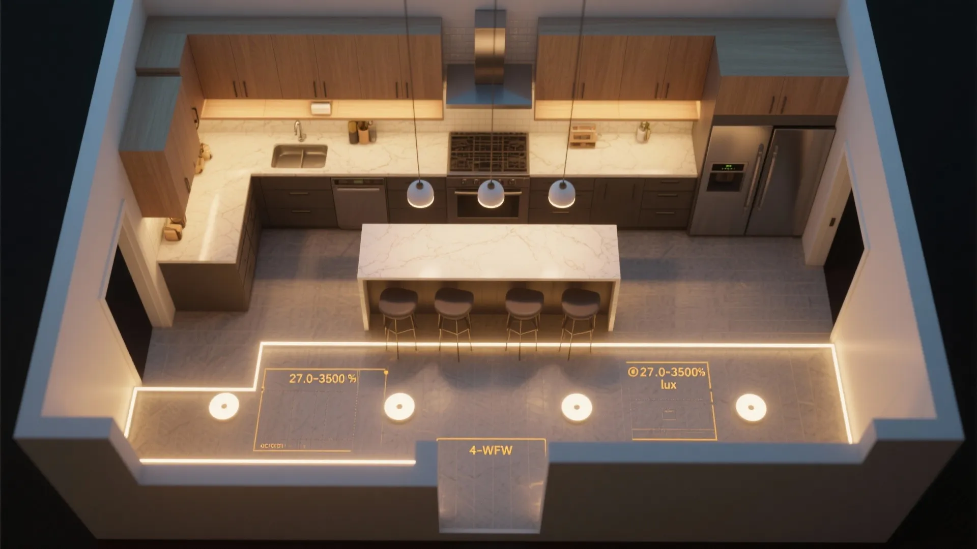 Top view interior design drawing of a kitchen showing light fixture placement and room layout plan