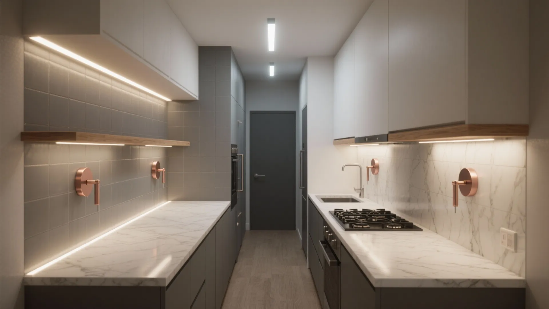 Layered task + accent lighting with rose gold sconces