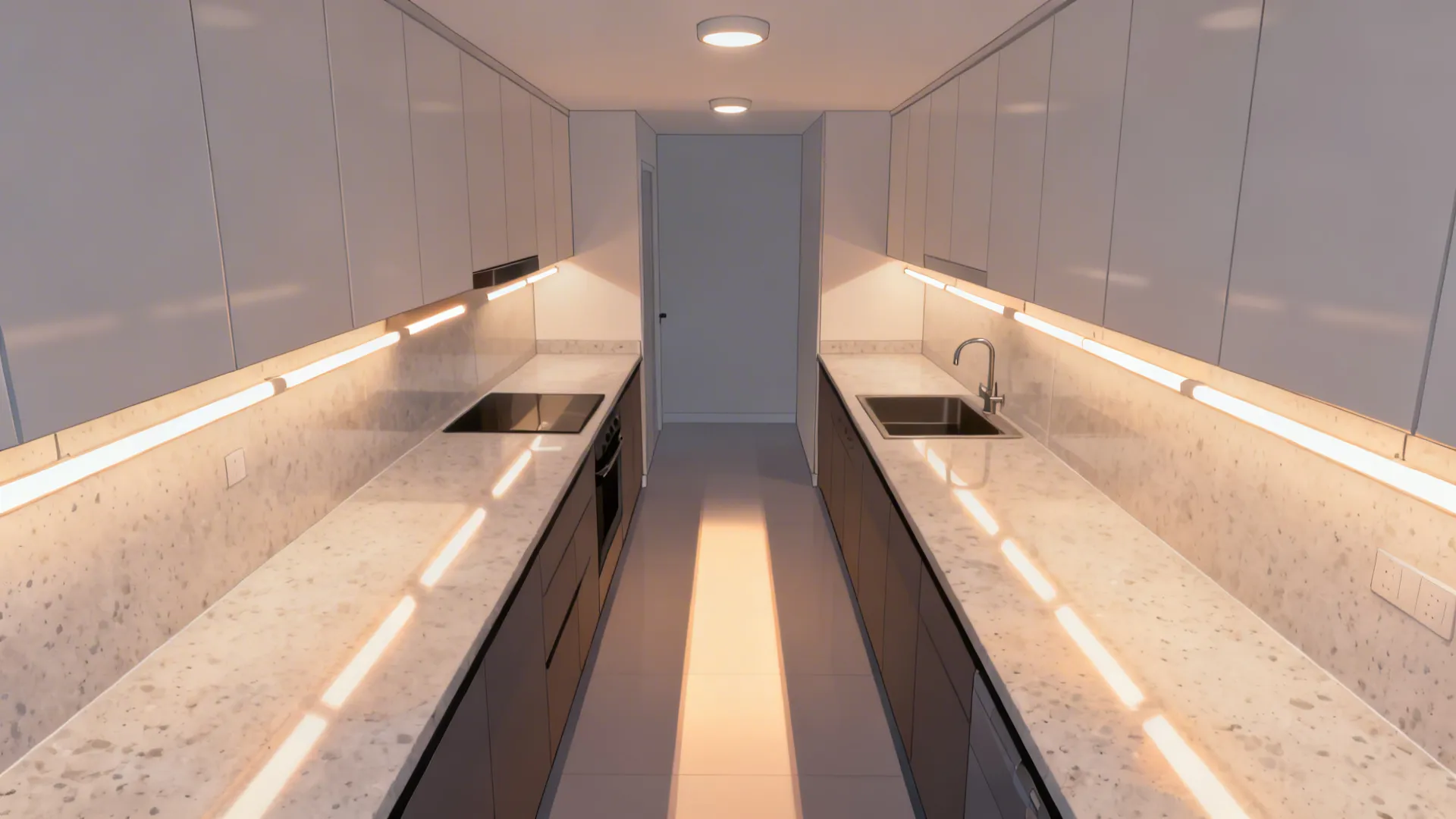 Top-down view of a galley kitchen with layered task lighting and satin reflective surfaces.
