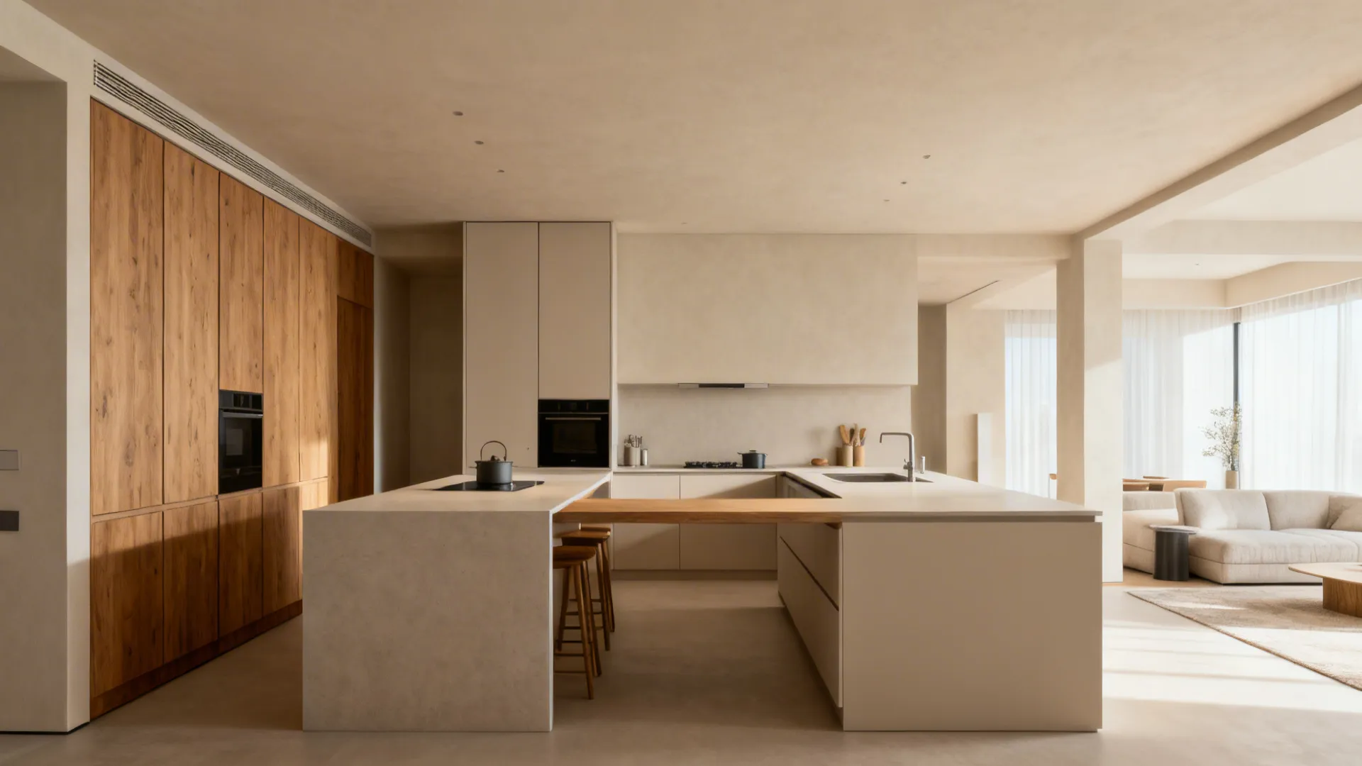 Compact kitchen with continuous counters and tight triangle in a galley-to-L flow, bright and organized.