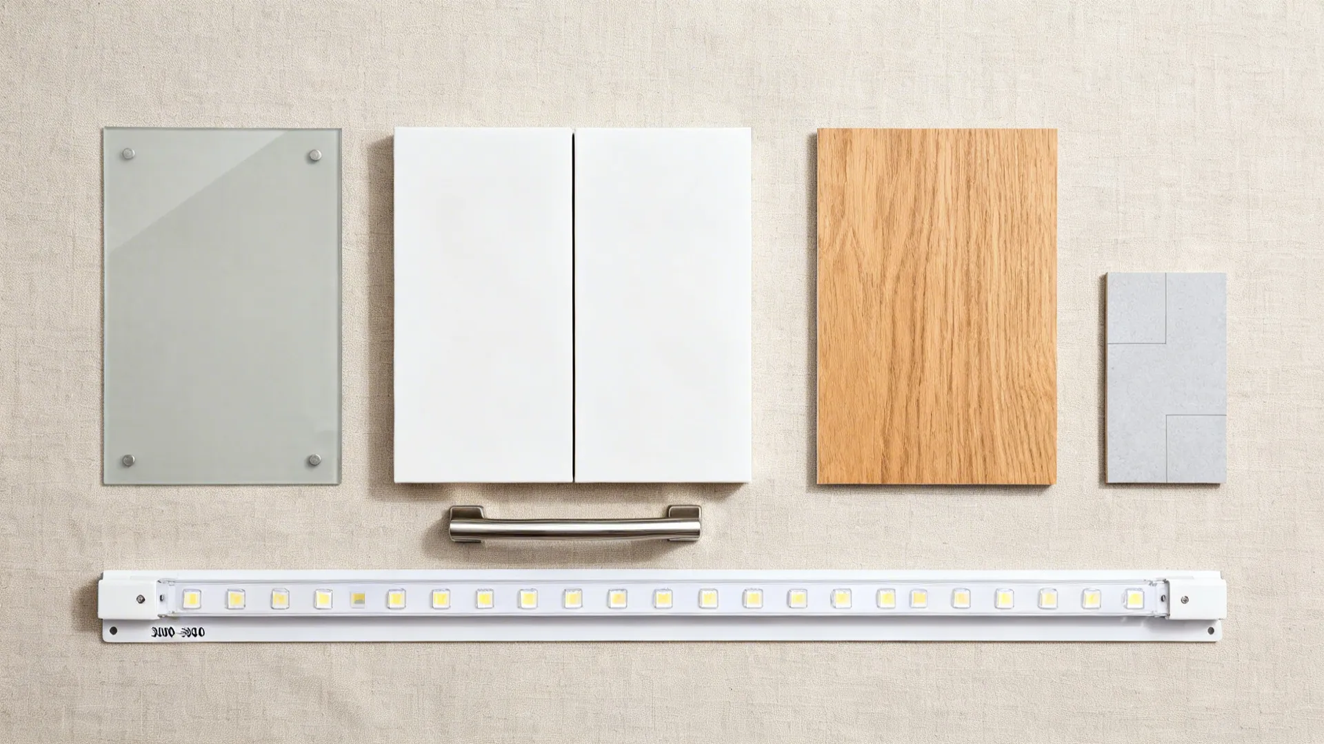 Flat lay with pale gray glass, matte white front, oak veneer, LED strip, and light gray tile for a galley palette.