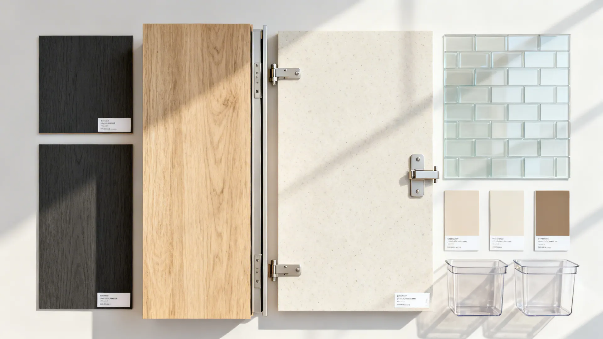 Top-down flat lay of charcoal laminate, oak veneer, quartz, glass, and hardware for a tall pantry.